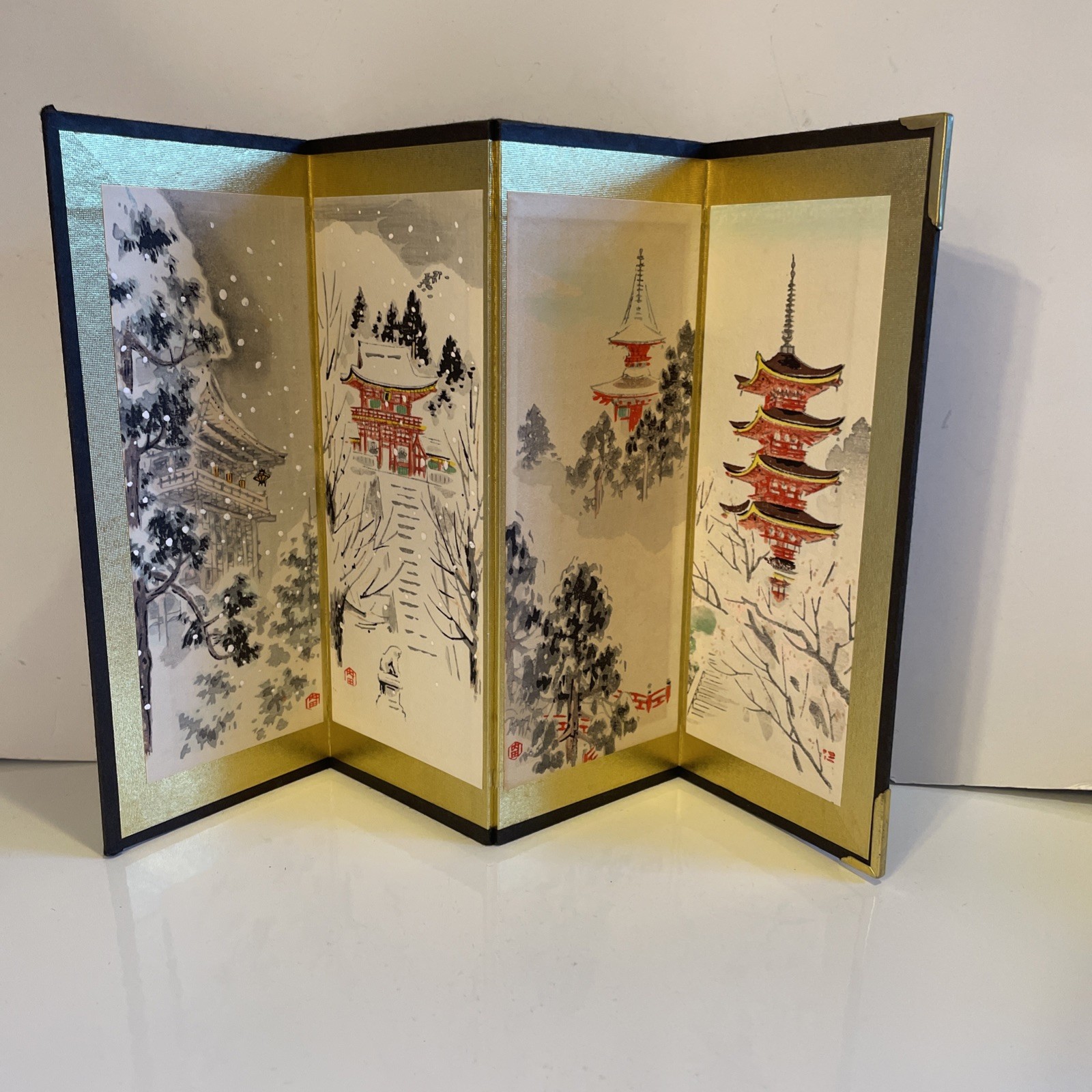 Vintage Japanese Miniature 4-Panel Folding Screen Tabletop Landscape Pagodas 