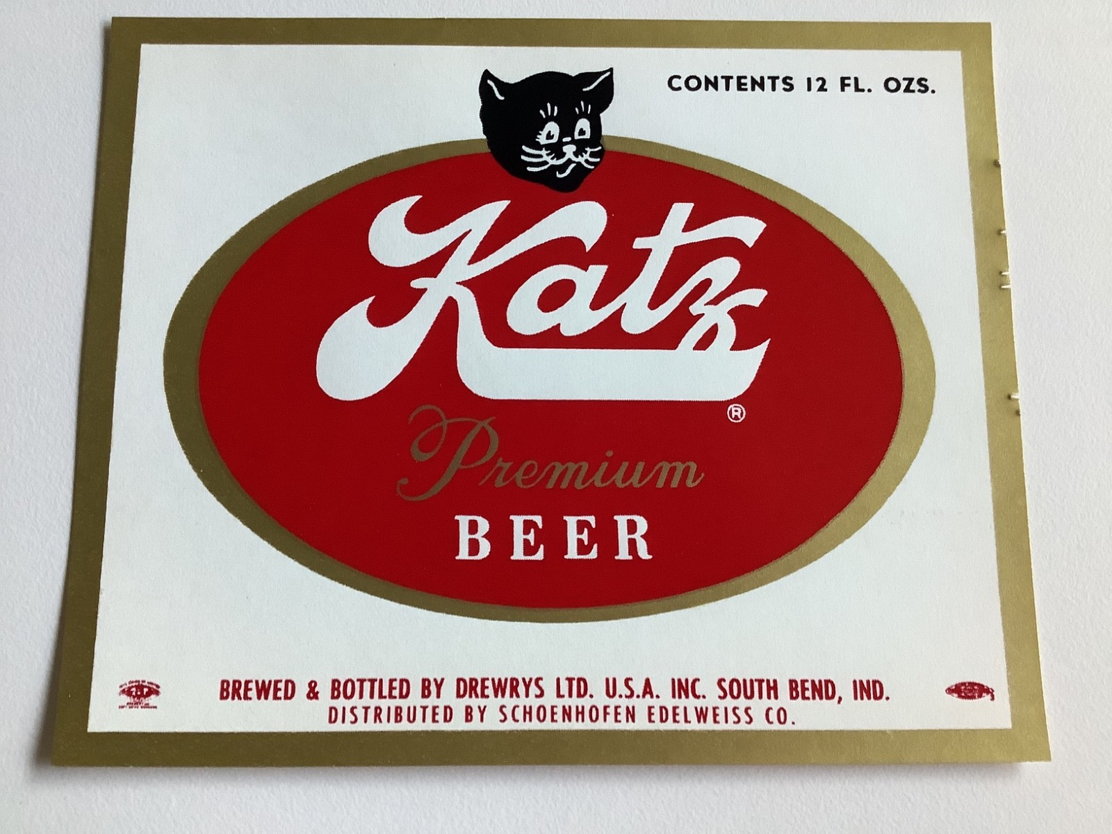 KATZ BEER LABEL, DREWRYS BREWING CO VINTAGE 1960s BLACK KITTY CAT HALLOWEEN 