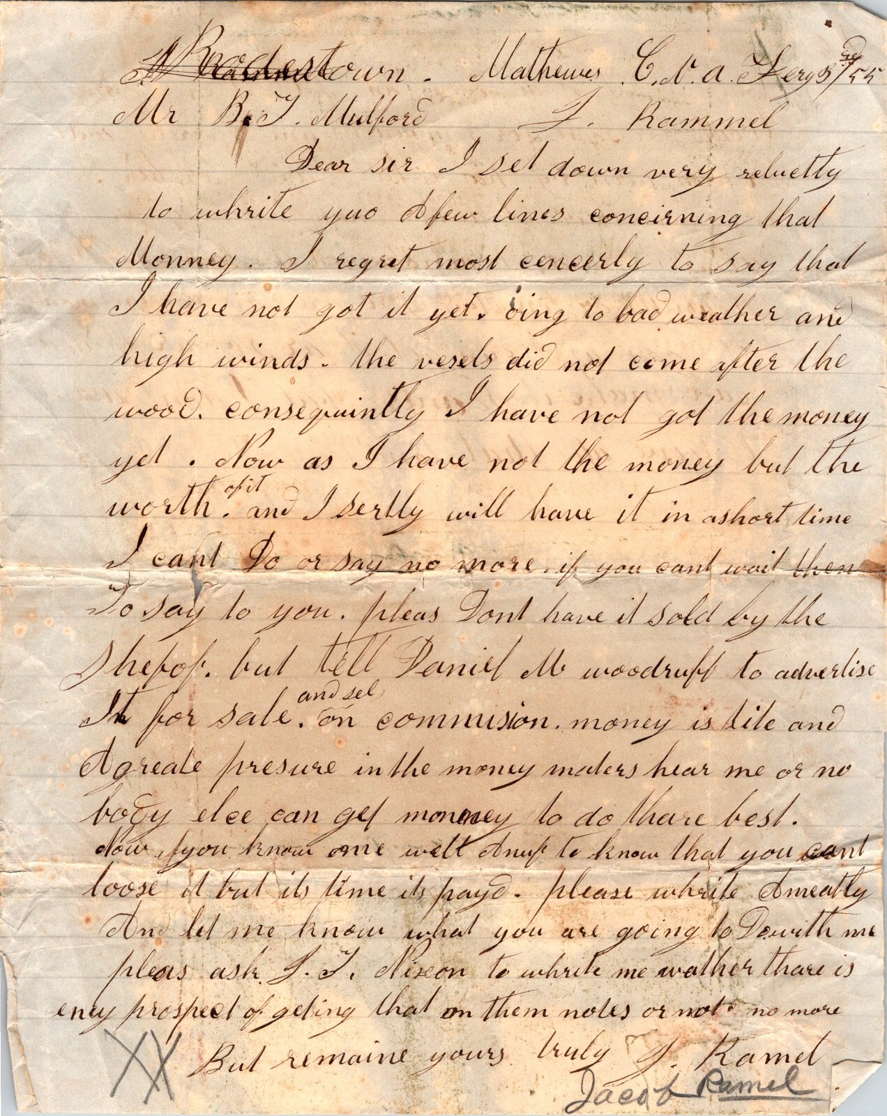1855 Handwritten letter Jacob Romel to Benjamin T Mulford Cumberland NJ woodruff