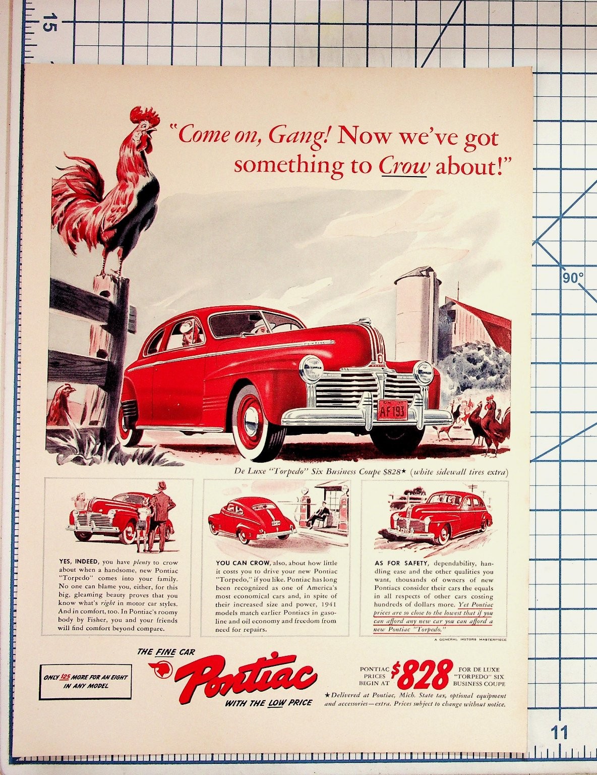 1941 Pontiac Torpedo Six Business Coupe Magazine Print Ad Rooster Art