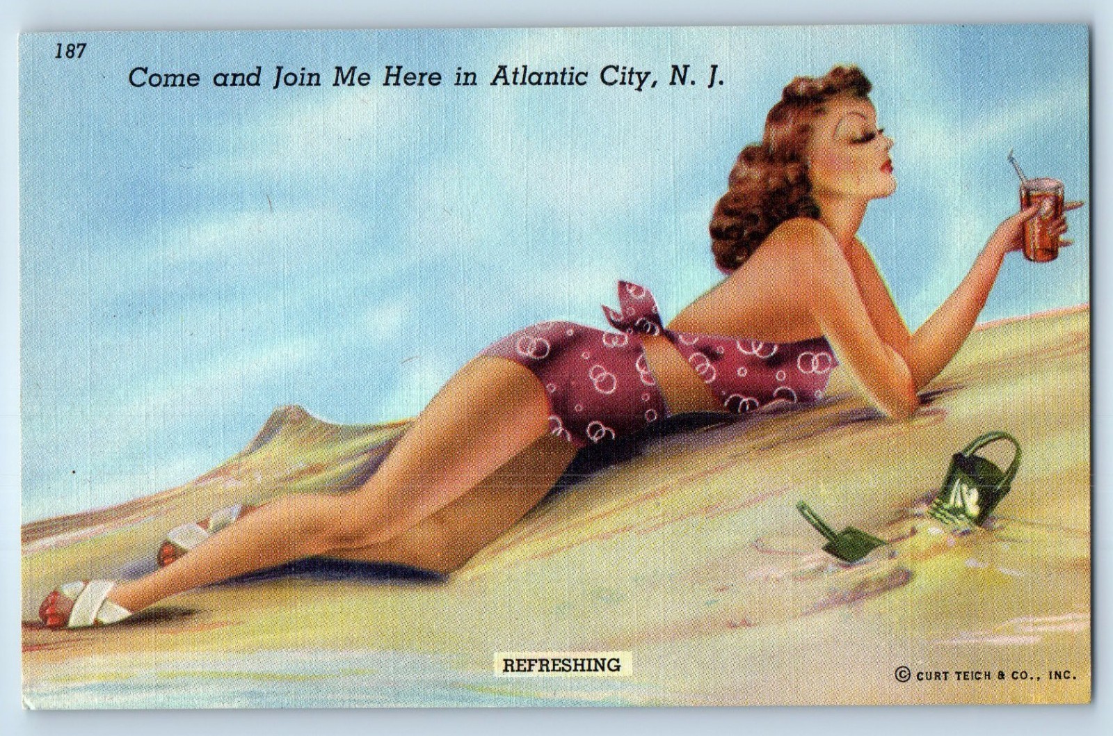 c1940's Beach Bathing Beauty Refreshing Atlantic City New Jersey NJ Postcard