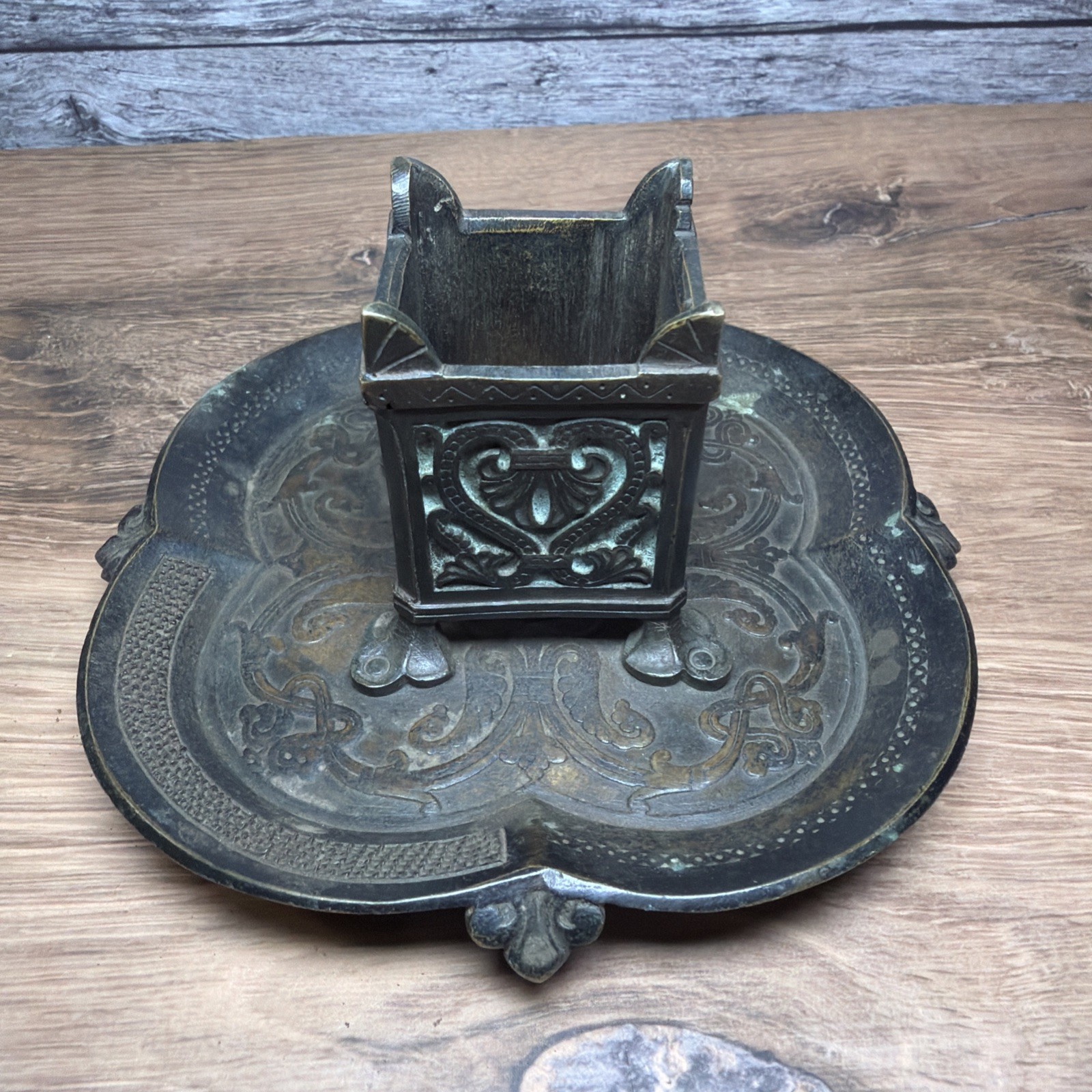 Antique Chinese Bronze Square Inkwell Desk Stand Clover Tray 4.5”