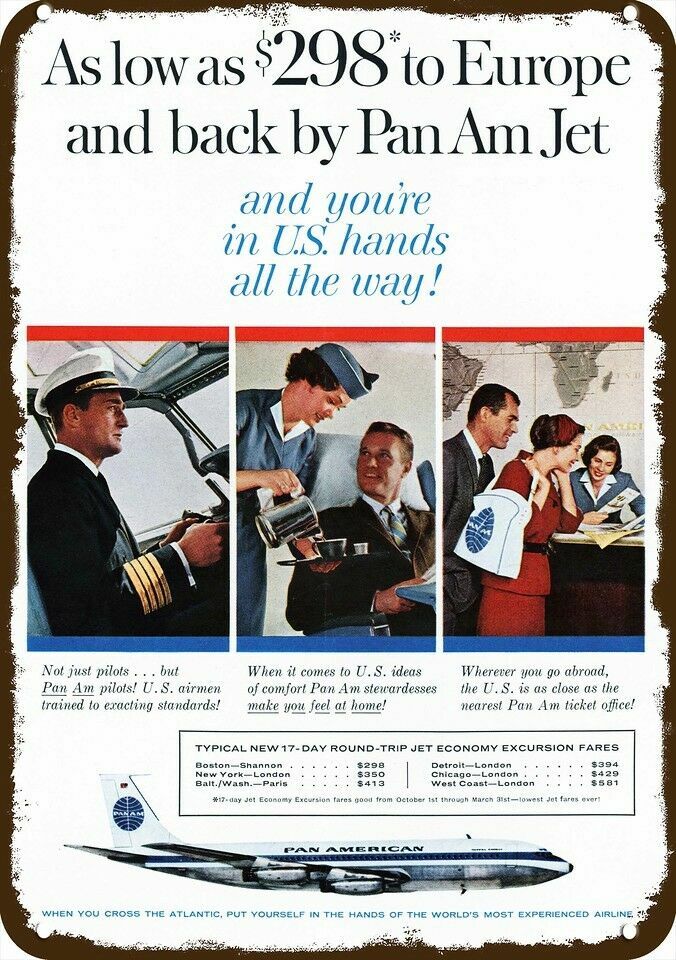1960 PAN AM Airline Jet Pilot & Stewardess Vn-Look DECORATIVE REPLICA METAL SIGN
