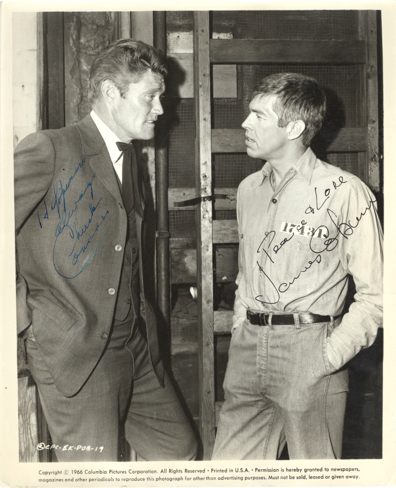 ACTION ACTORS CHUCK CONNORS & JAMES COBURN, SIGNED VINTAGE PROMOTIONAL PHOTO