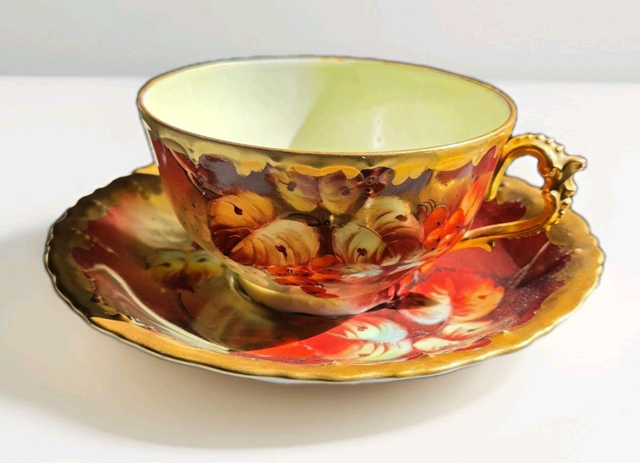 Antique Pickard Currants & Leaves Hand Painted 5 3/4” Saucer w/ Golden Age Cup