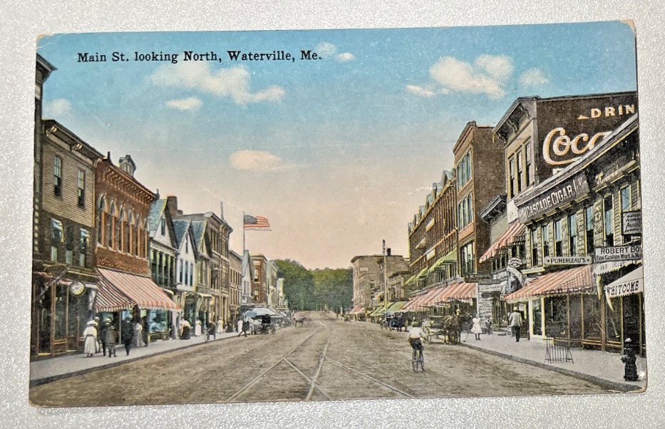 Early Vintage Postcard Waterville ME~Main St Looking North~Signs, 99-121 Main