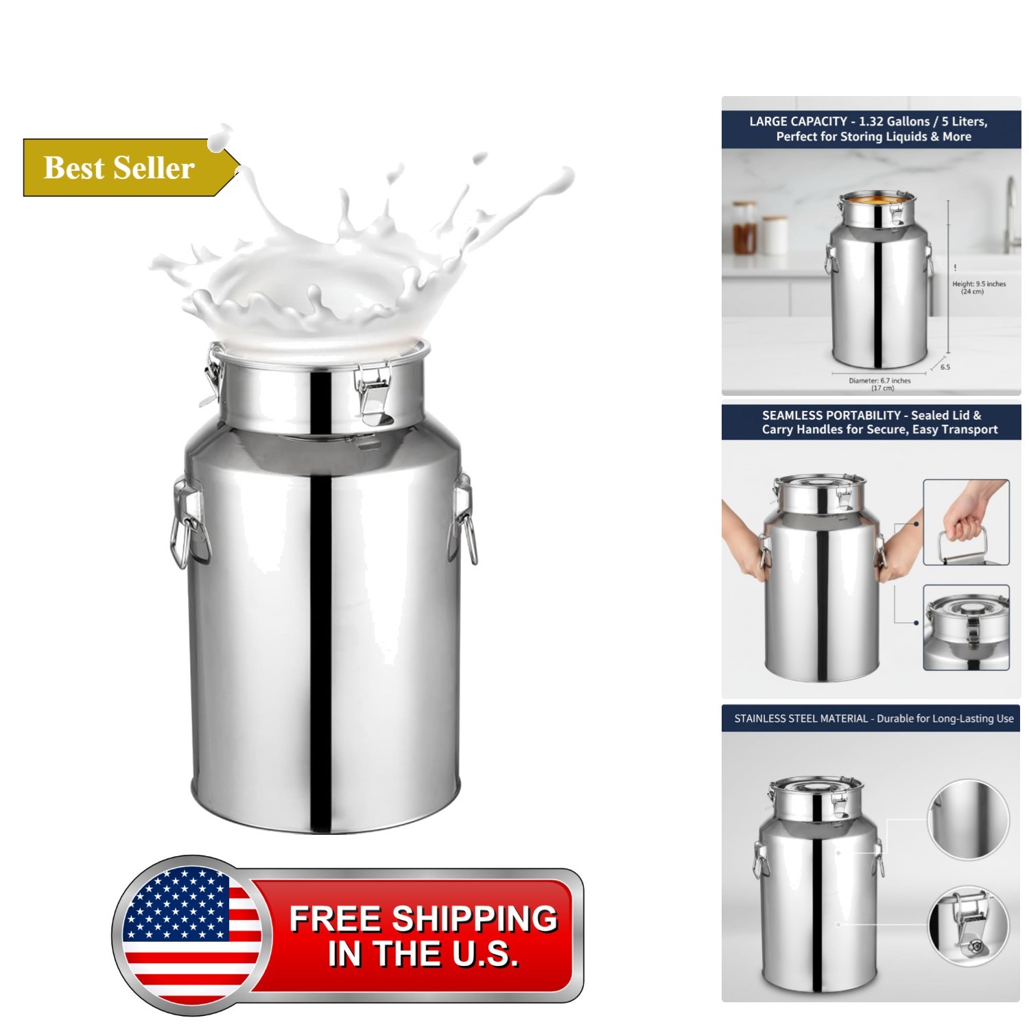 3.5L Stainless Steel Milk Can, Gray Metal Bucket Jug with Sealed Lid