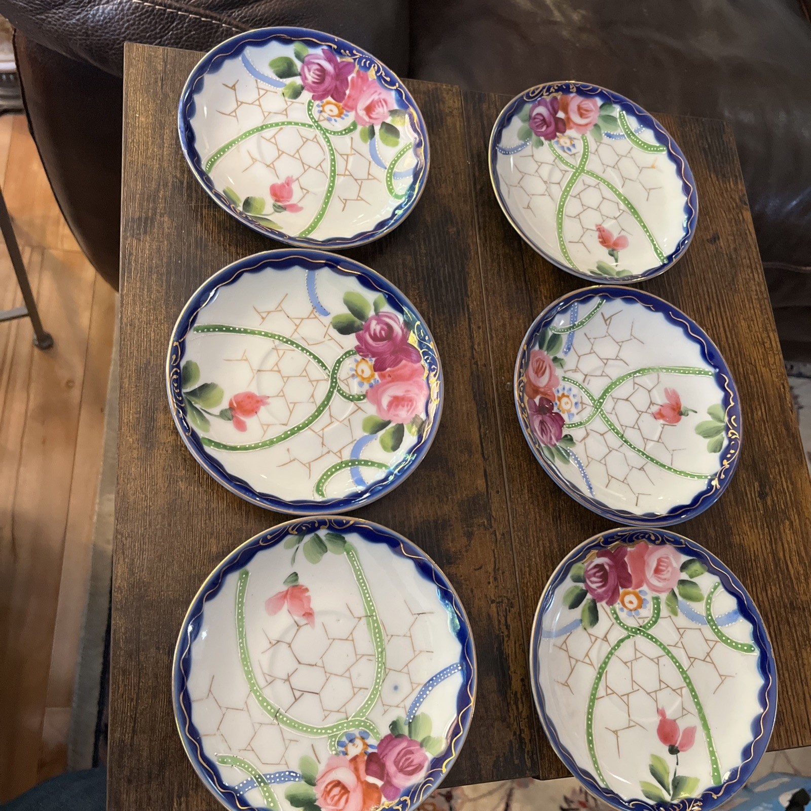 6 Vintage Takito Japan Hand Painted Rose Saucers 5.5” Cobalt Blue Gold Porcelain
