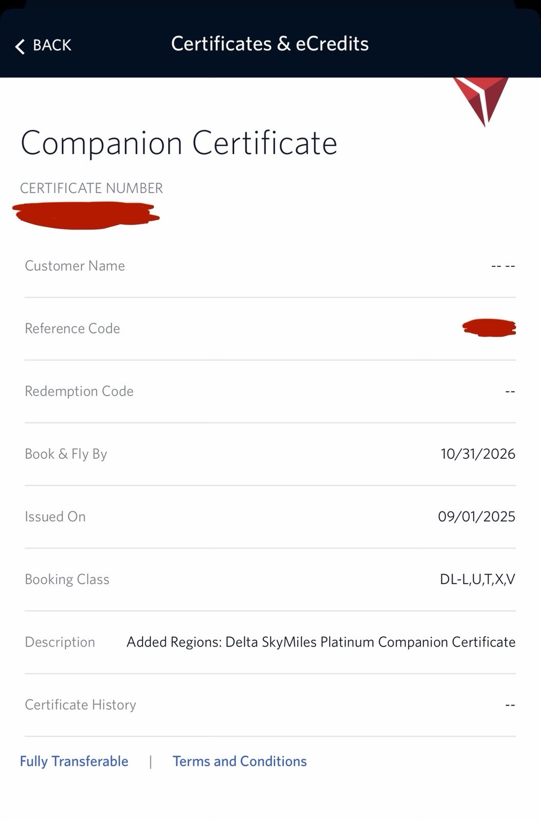 Delta Airlines Companion Certificate - Fully Transferable Valid til 10/31/2026