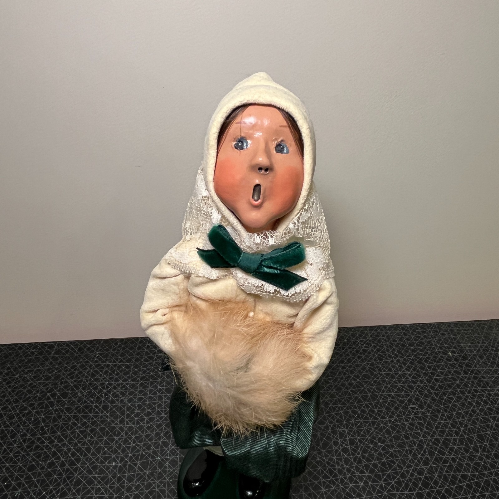 Vtg Choice Byers Carolers Girl, Blue Eyes, White Green Lace Dress, Fur muff, Bow