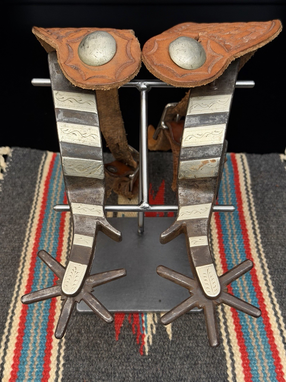 RARE Pair Of Kelly Bros No. 165 Silver Engraved Overlaid Spurs w/  Straps