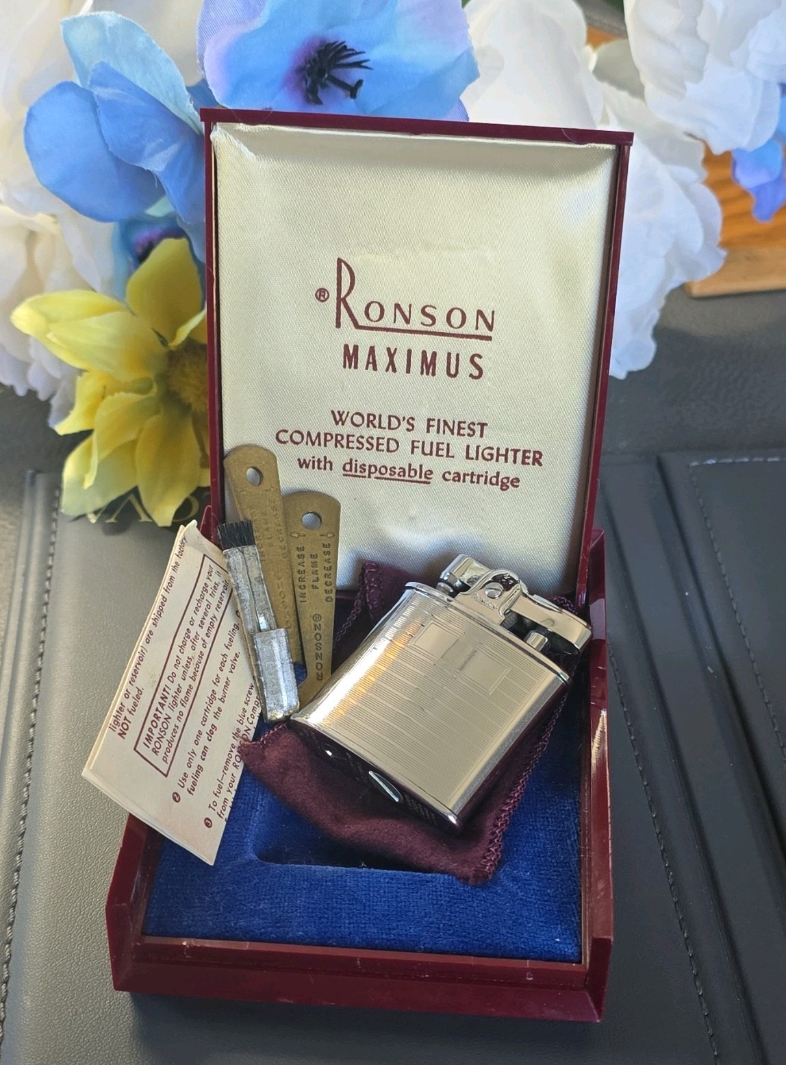 Vtg. 1950's Ronson Maximus Compressed Fuel Lighter w/Original Box, Tools & Paper