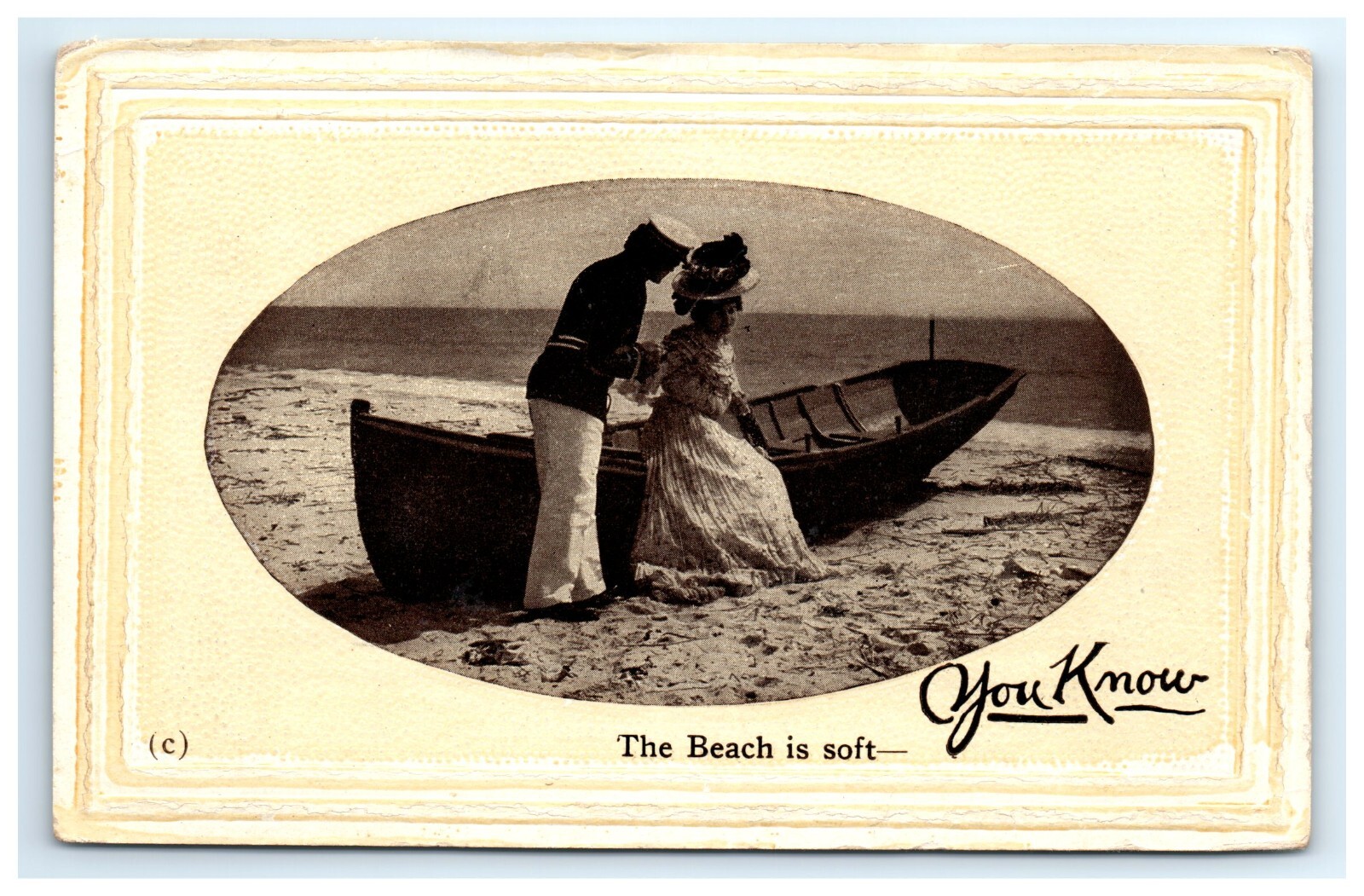 Postcard Couple Romance Boat The Beach is Soft You Know Sailor Man Woman Big Hat