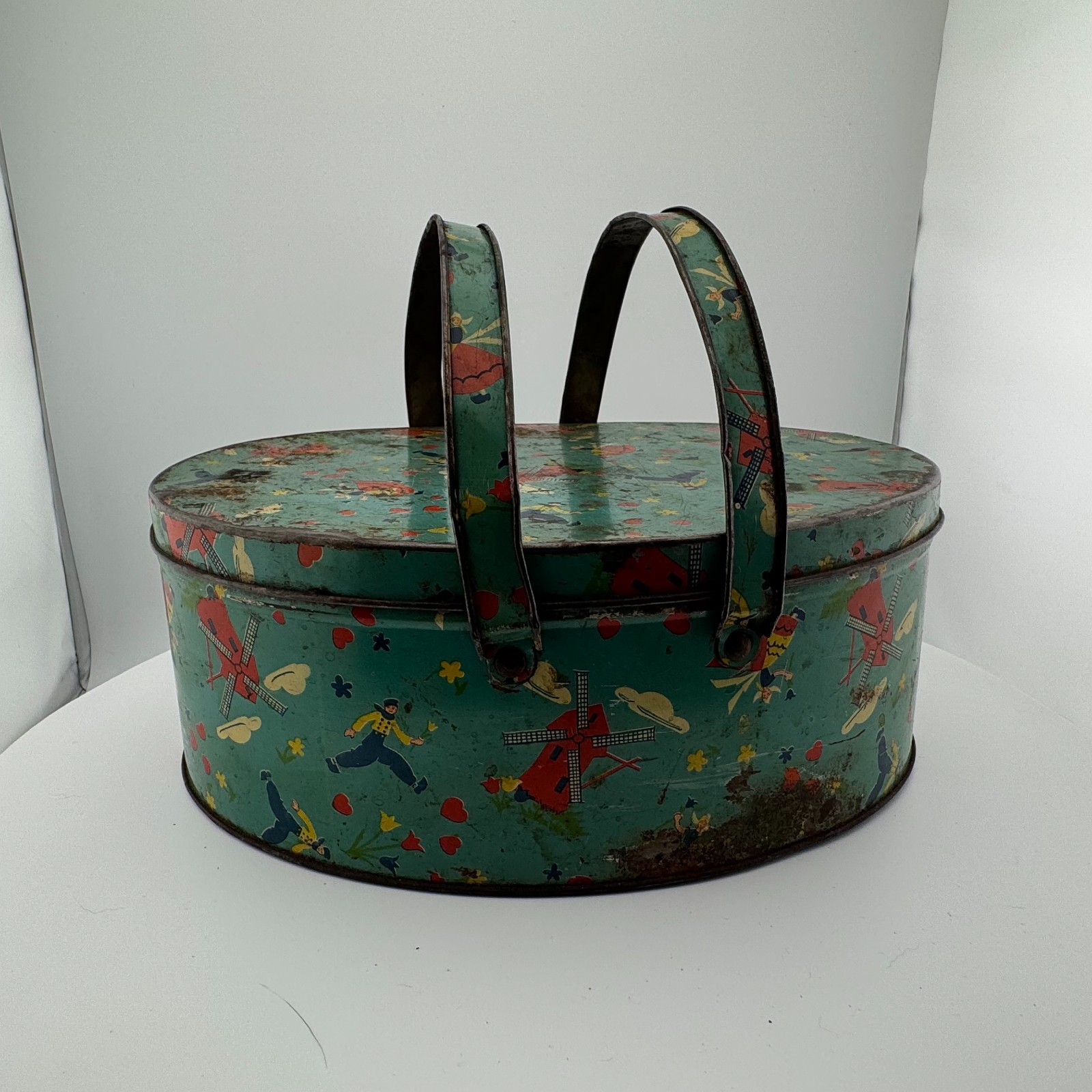 Vintage Dutch Folk Art Oval Tin Basket Windmills Double Handles Green