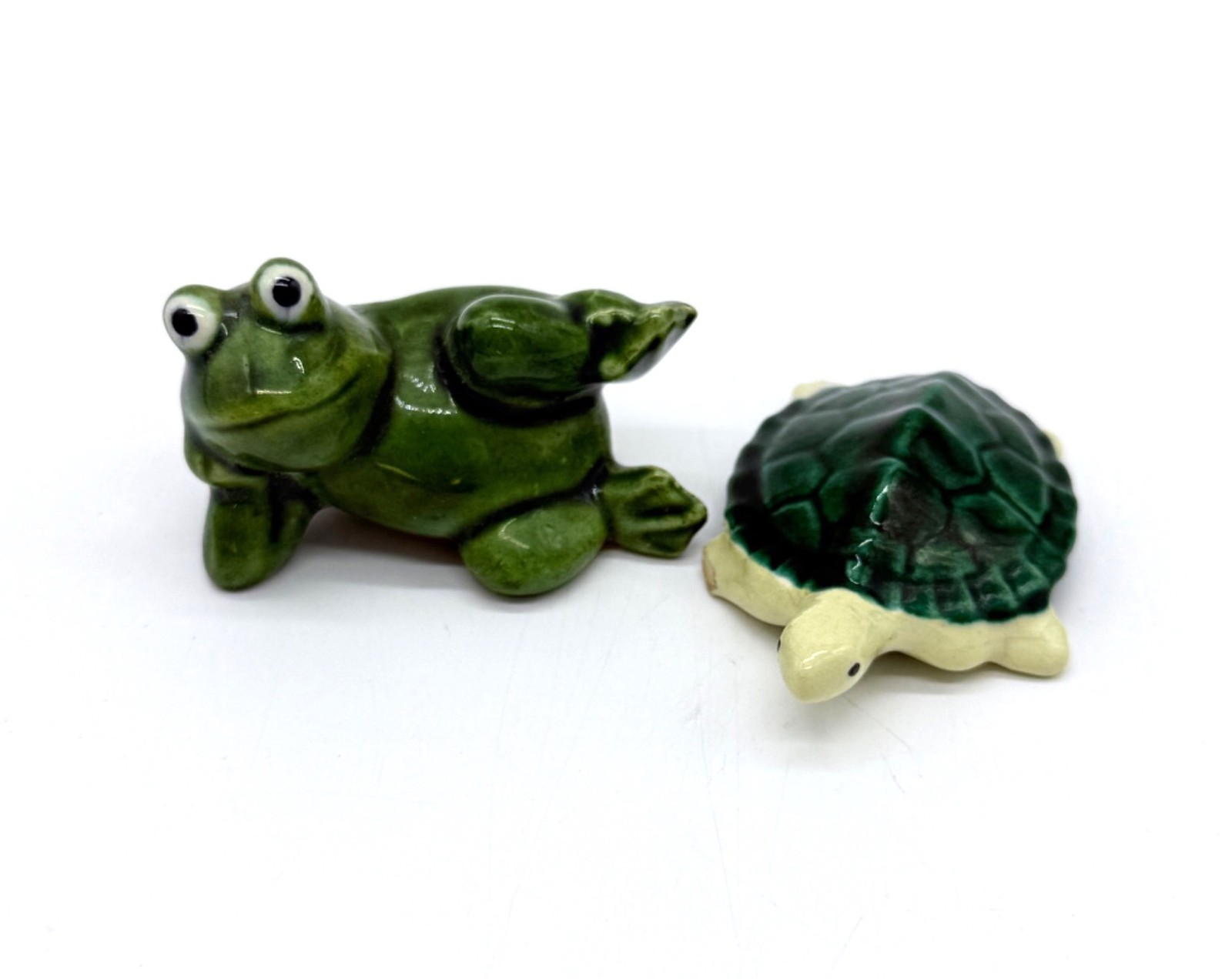 Vtg. Cute Ceramic Frog & Turtle Figurines Hand-Painted Green Miniatures 2\