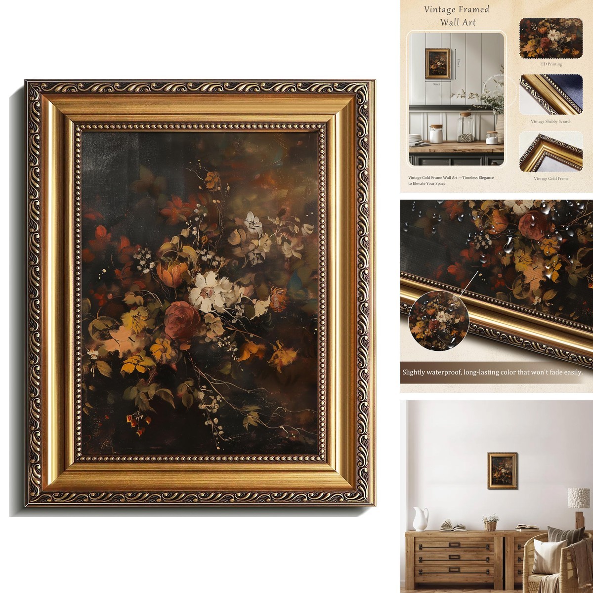 uniro Vintage Gold Framed Wall Art Moody Dark Autumn Floral 9x12Inch