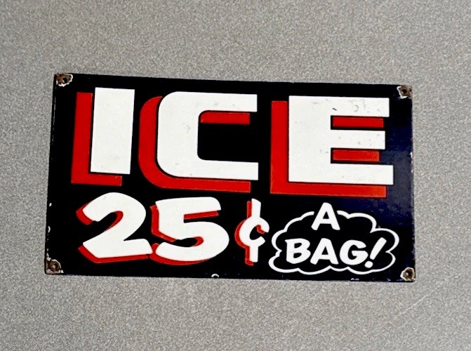 VINTAGE 12” ICE BAG STORE MACHINE PORCELAIN SIGN CAR OIL GAS MOTORCYCLE TRUCK