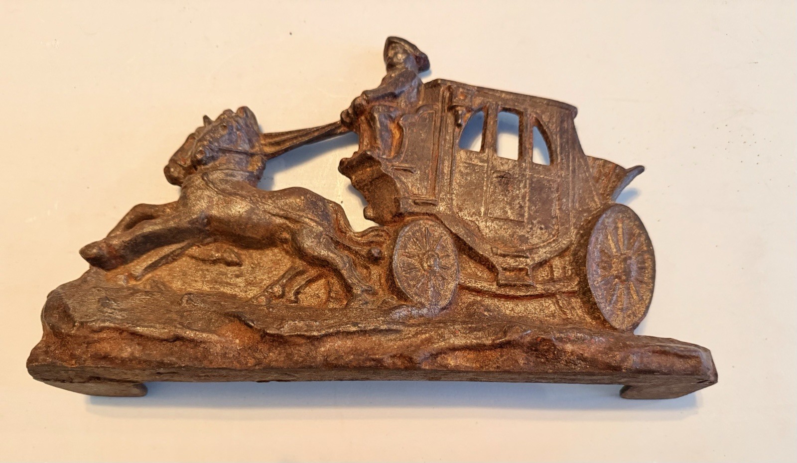 Antique Cast Iron Doorstop 12X7.5X2 Brown 2 Horse Stage Coach With Driver