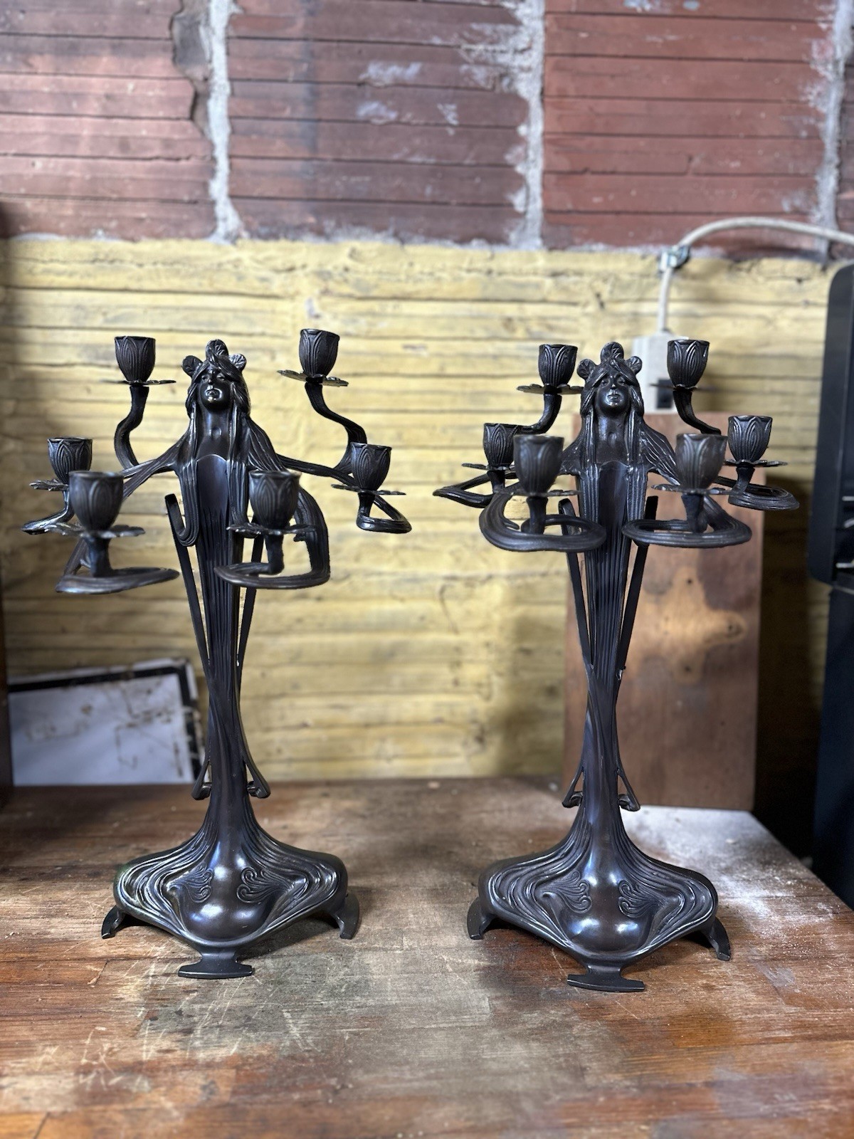 2 Antique Art Nouveau Bronze Candelabras Lady