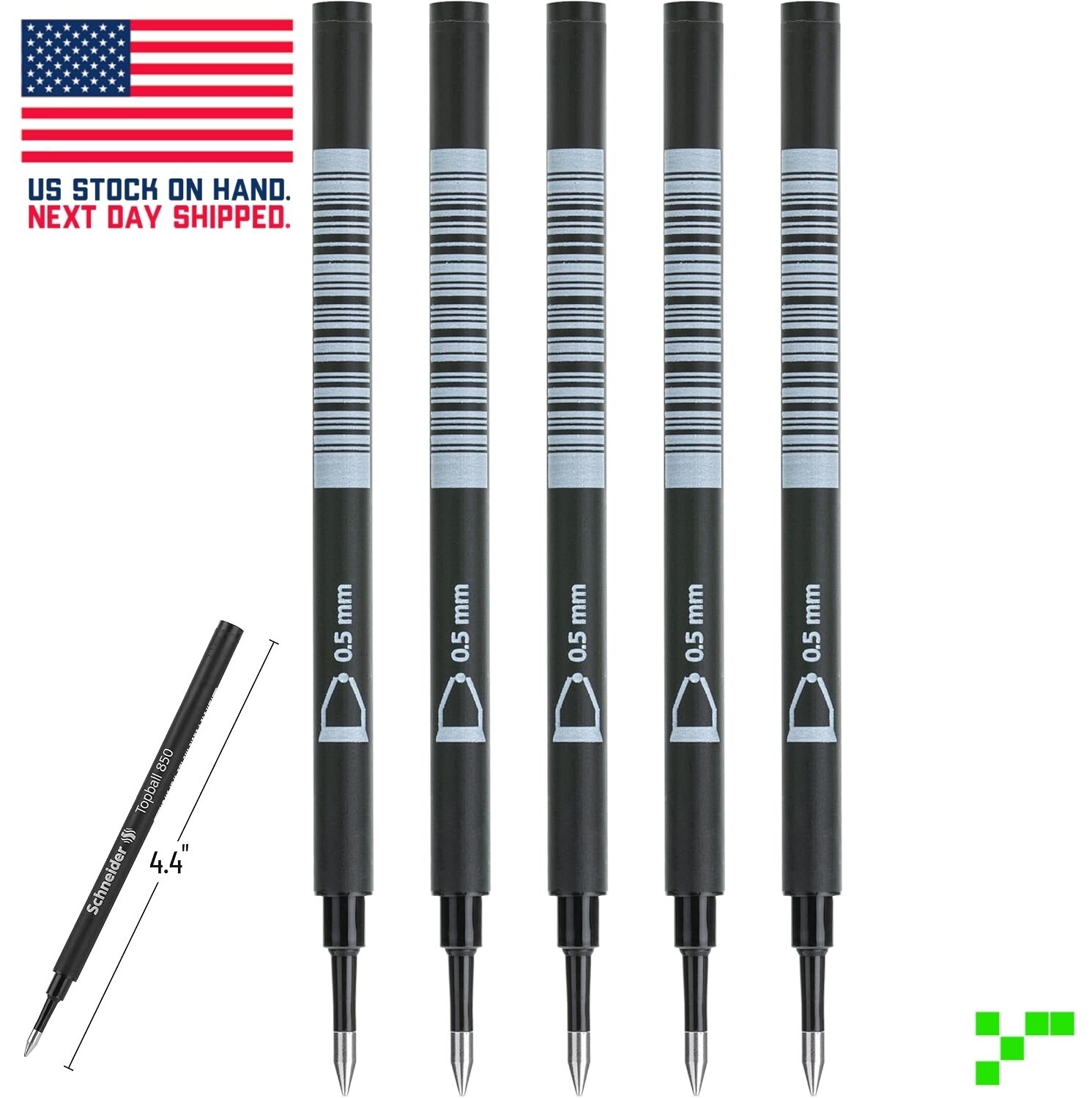 5 pcs. Schneider Topball 850 Pen Refills Roller Ball Fine Ball Point .5mm Black