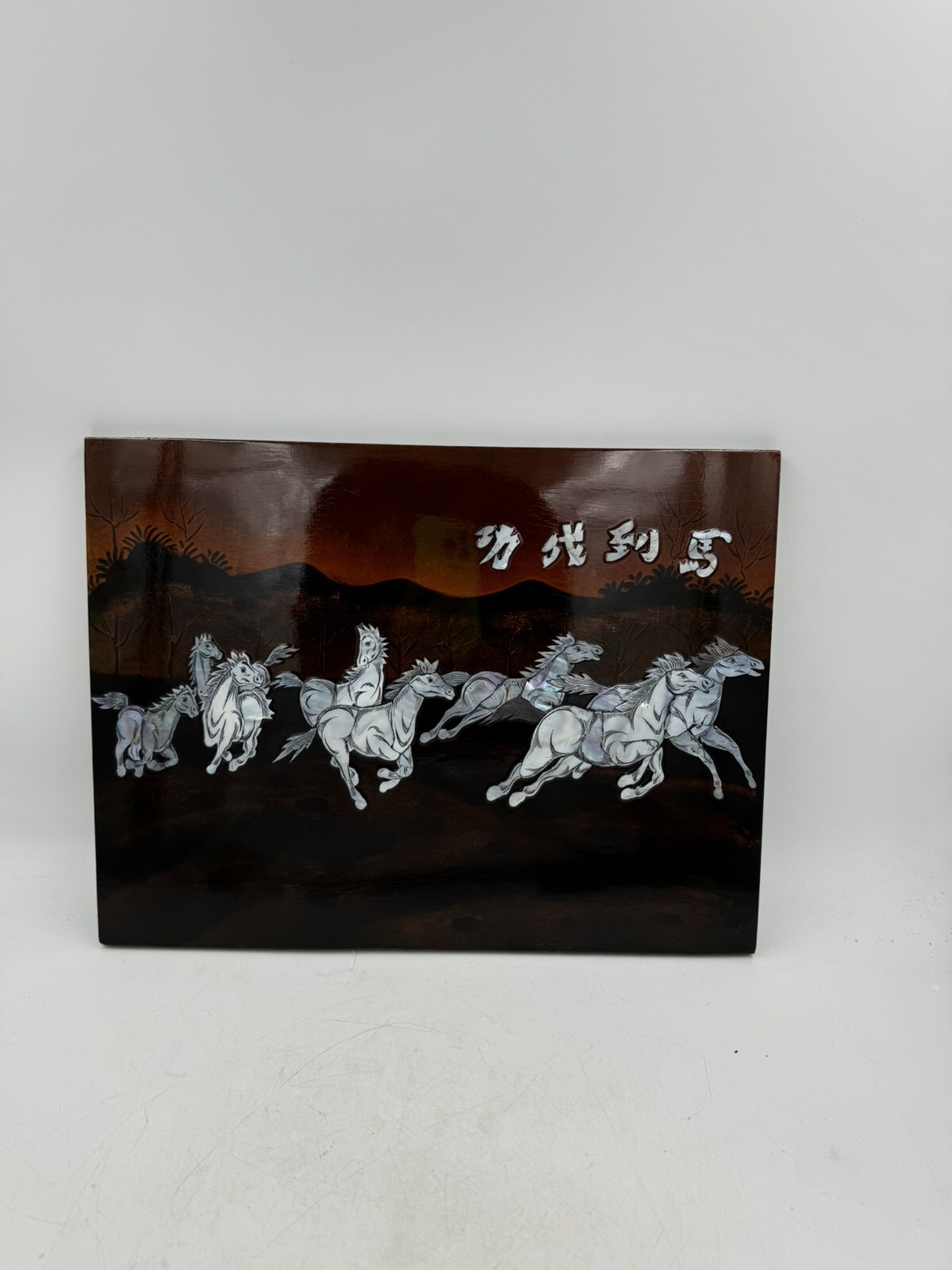 Vtg Vietnamese Lacquer Horse Wooden Backed Picture 15\