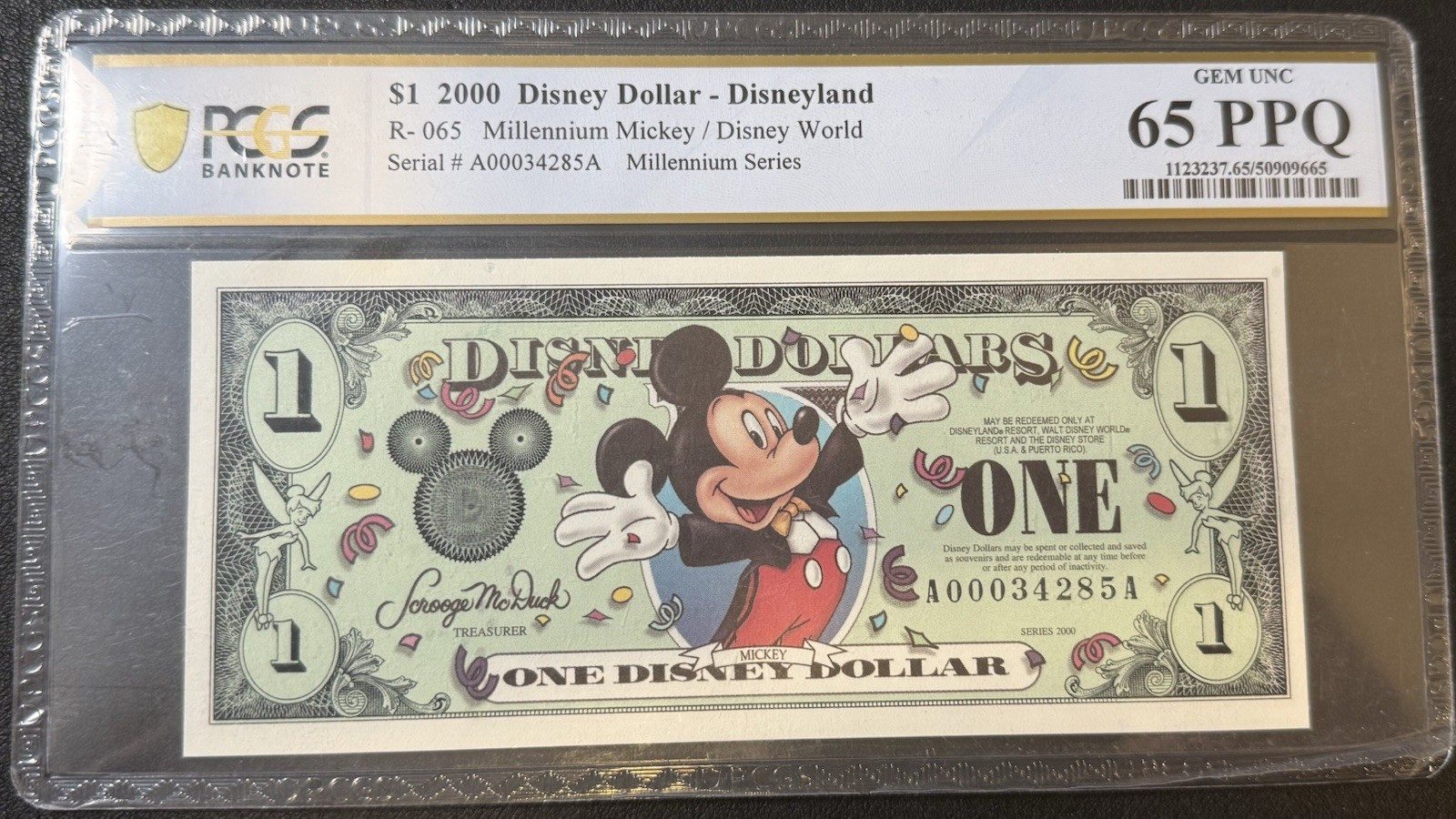 2000 $1 Disney World Millennium Dollar - PCGS 65 PPQ Gem Uncirculated Mickey
