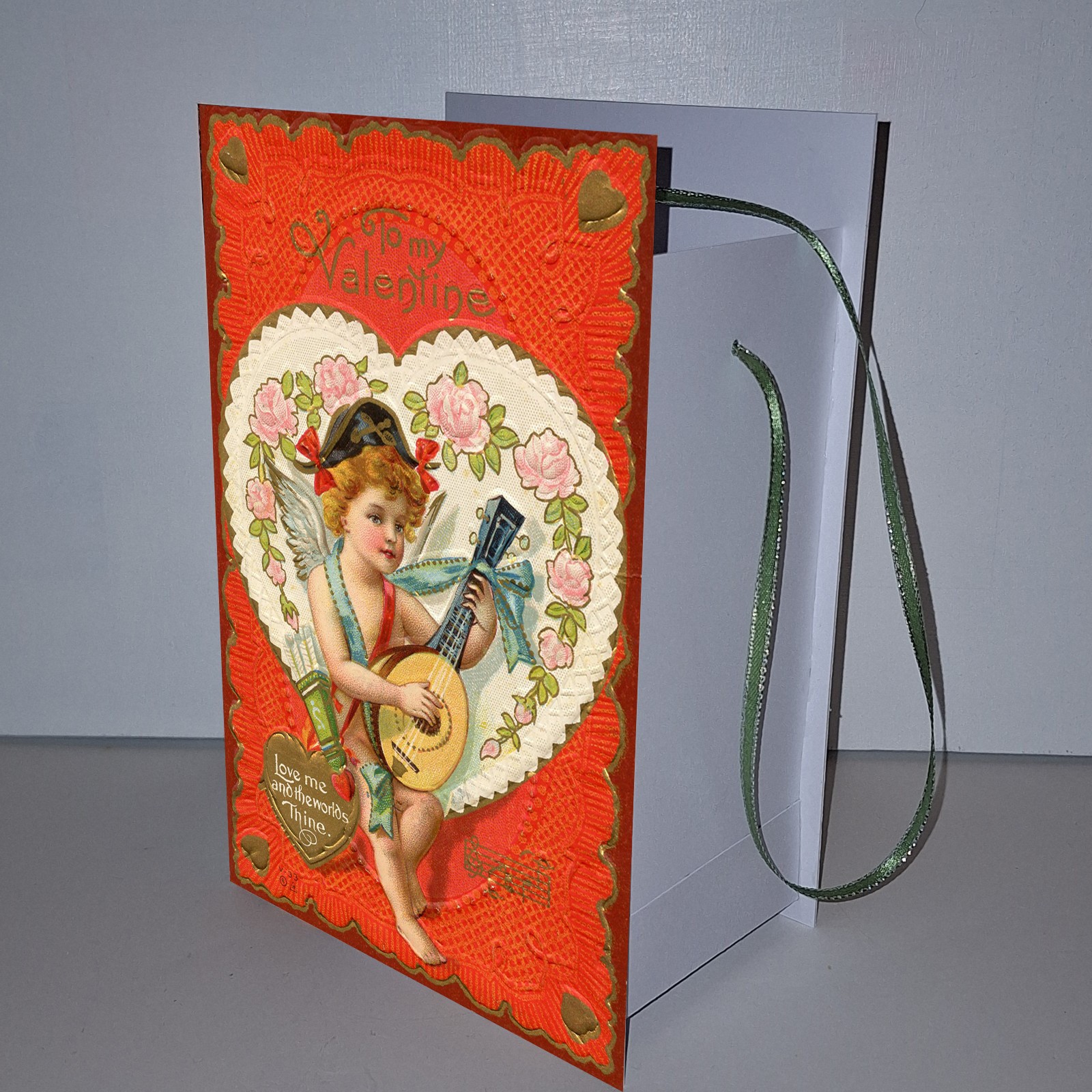 Vintage-look Valentine 2-Sided Card Paper Bucket Container Heart Angel Brand NEW