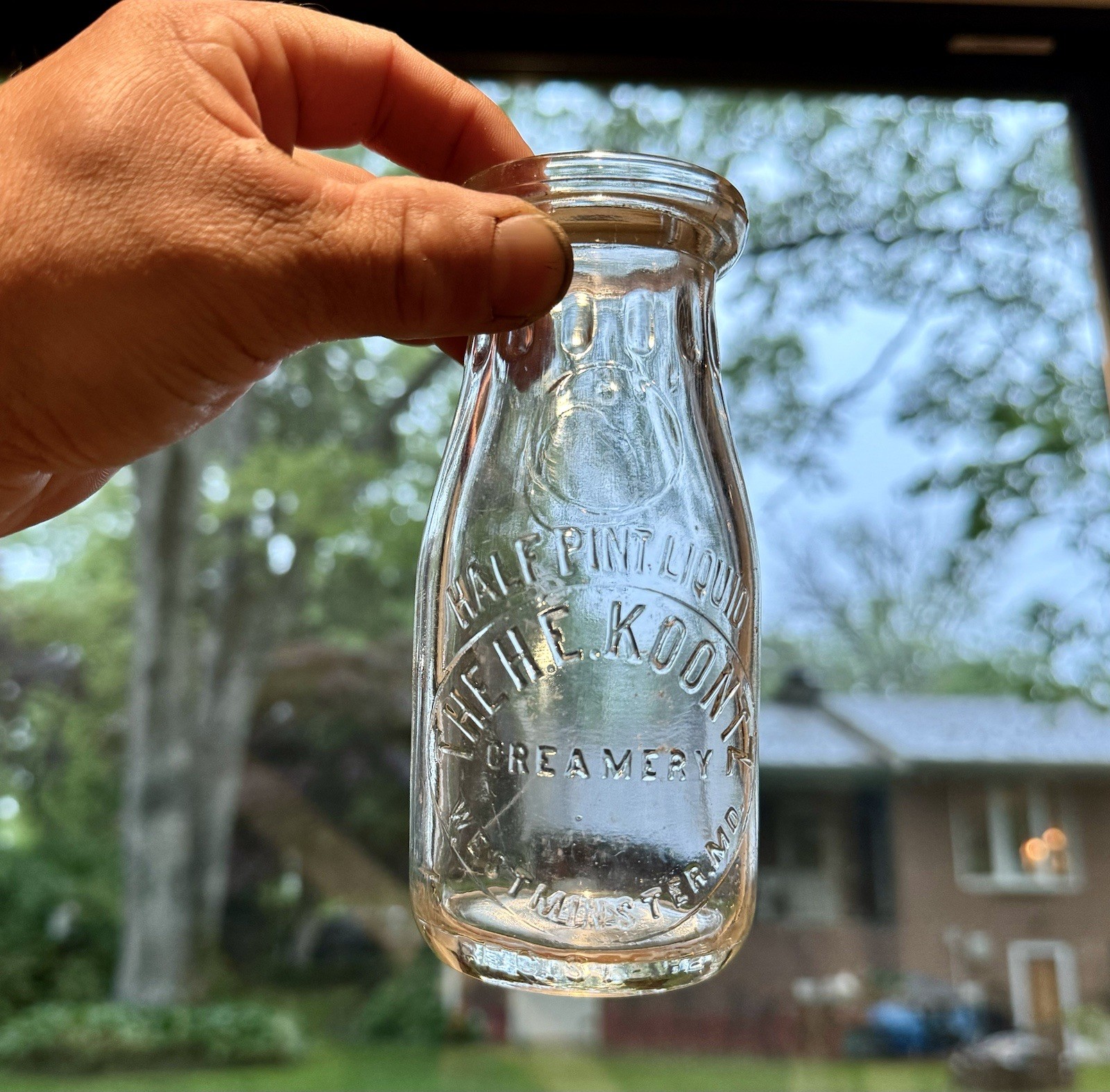 The H E Koontz Creamery Westminster MD Maryland Emb 1/2 Pt Milk Bottle 1931 Nice