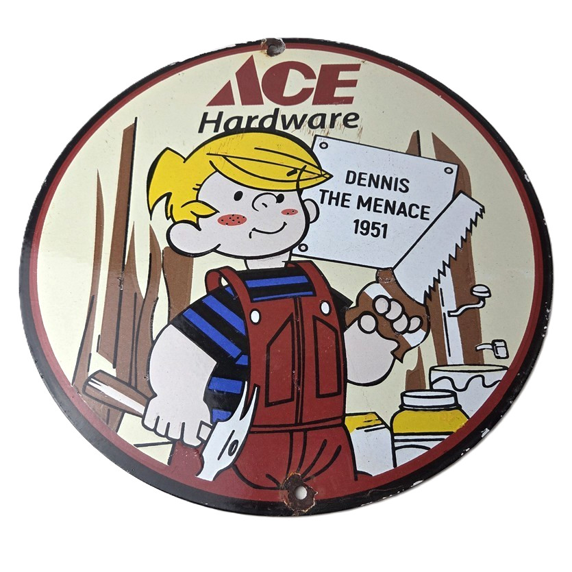 Vintage Ace Hardware Sign - Dennis the Menace Gas Pump Porcelain Sign