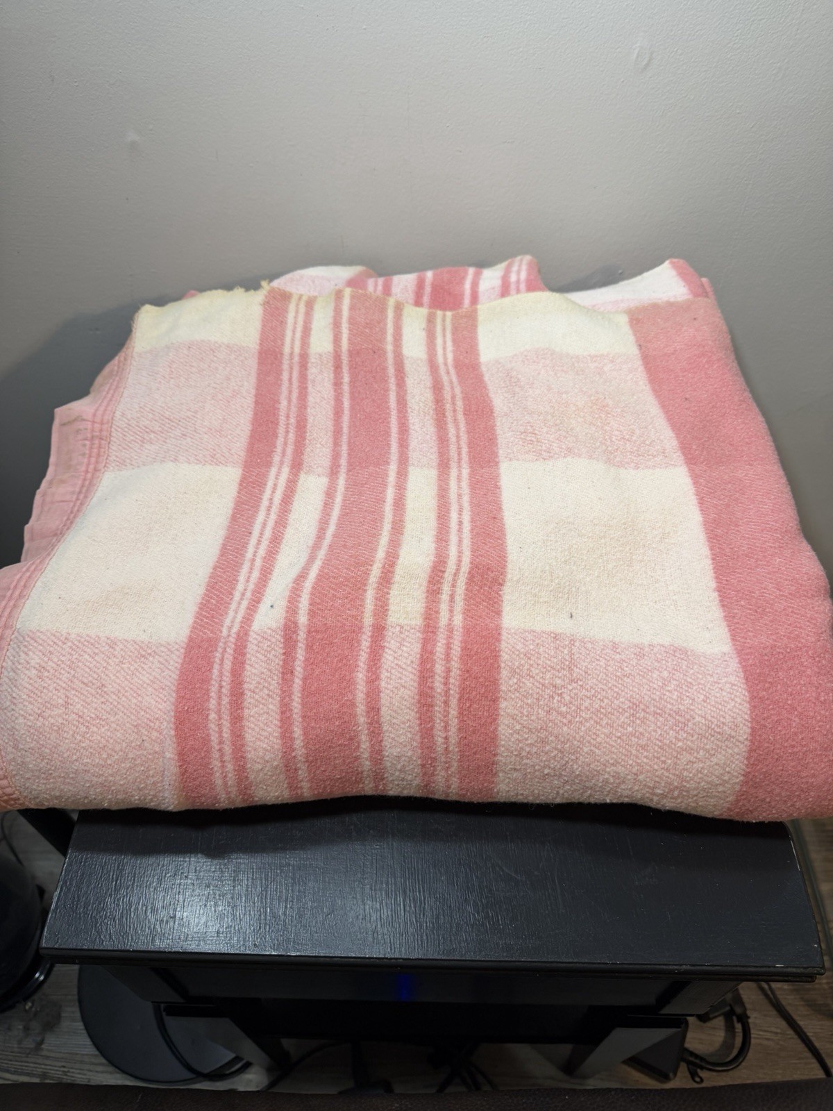 Vintage 1930's / 40's DOUBLE  LENGTH Pink checks stripes CAMP BLANKET 70 X 144