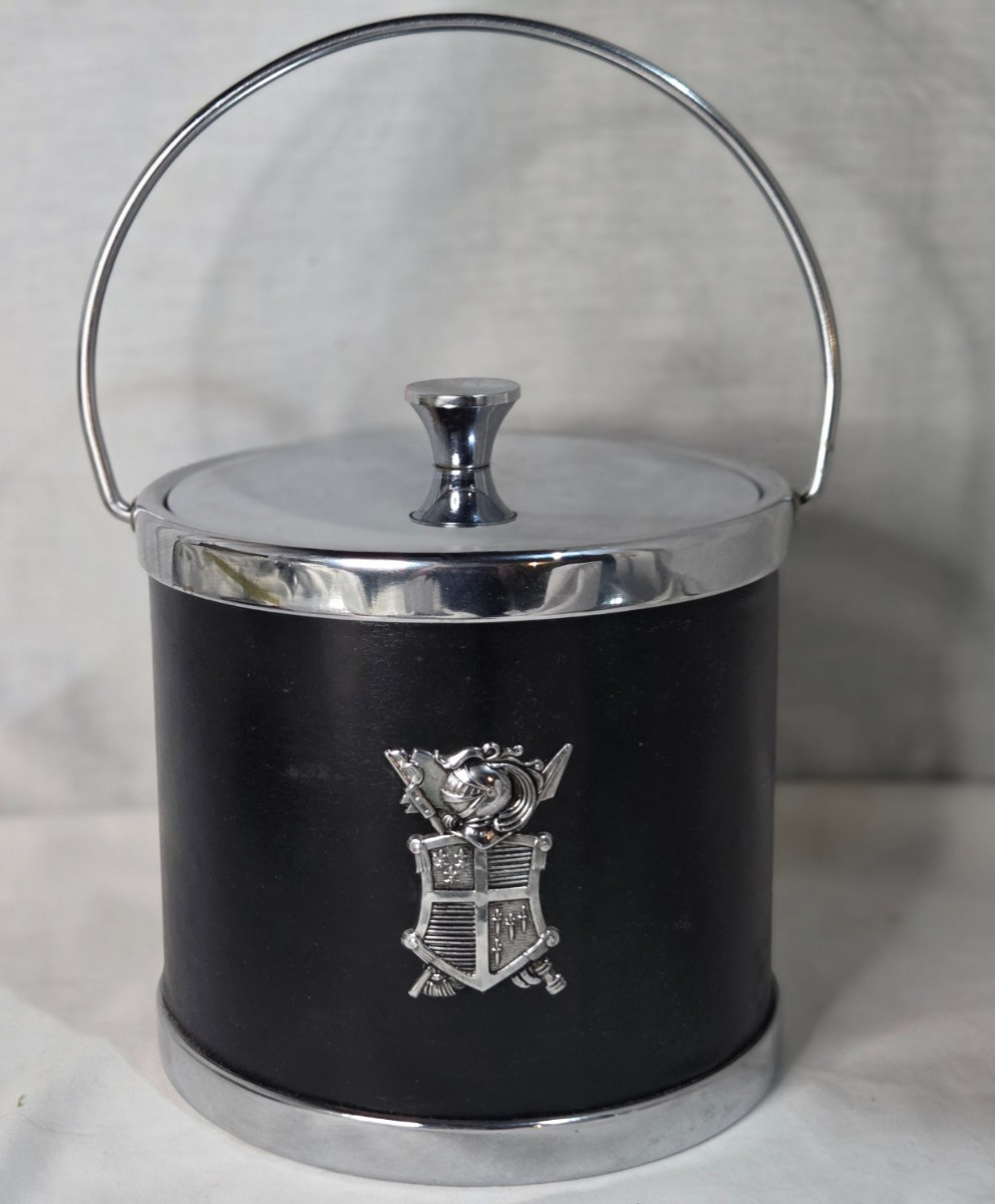 Vintage MCM Black Faux Leather Ice Bucket Chrome Knight Crest Shield Barware