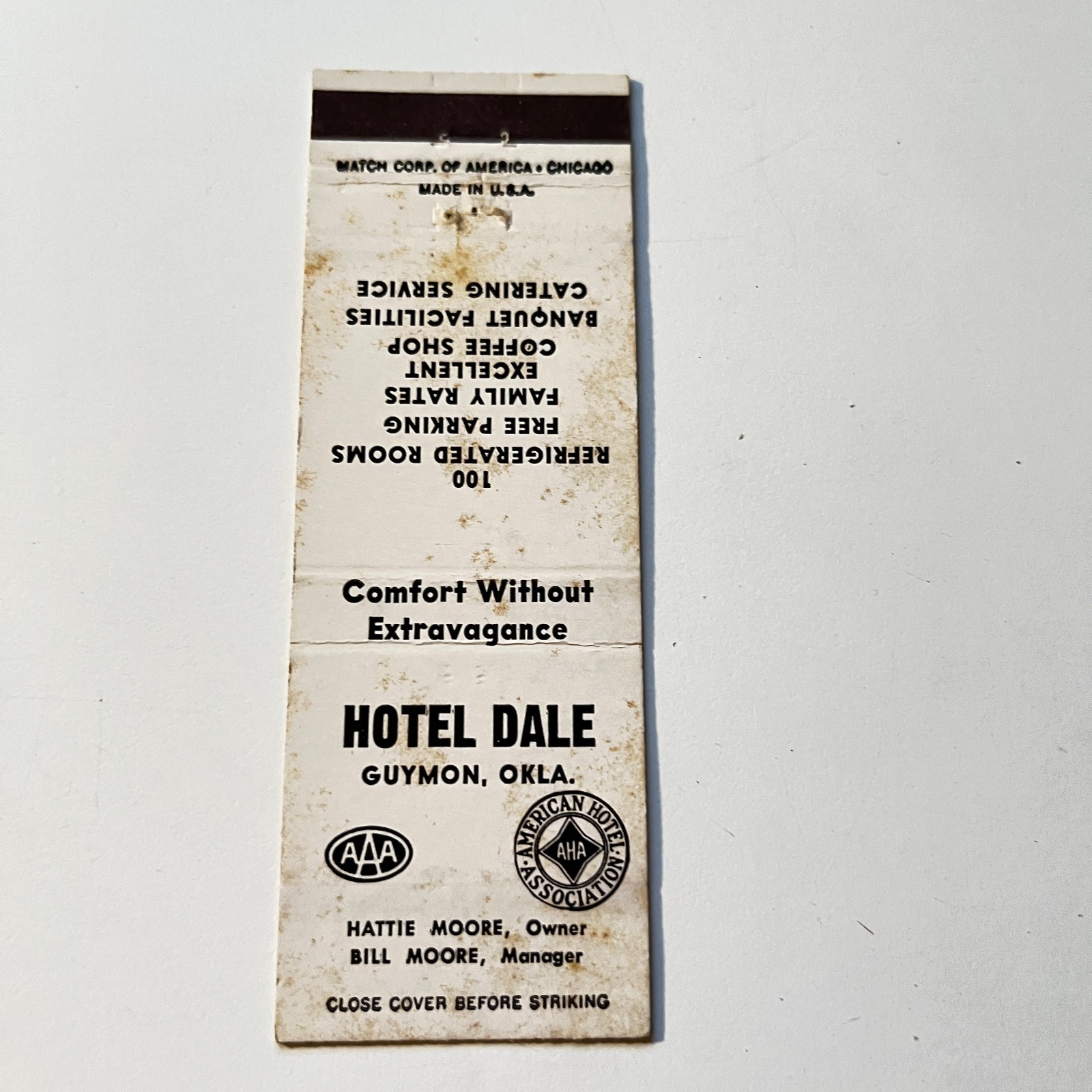 Hotel Dale Hattie Moore Guymon OK Vintage Matchbook Cover 4MB106-3
