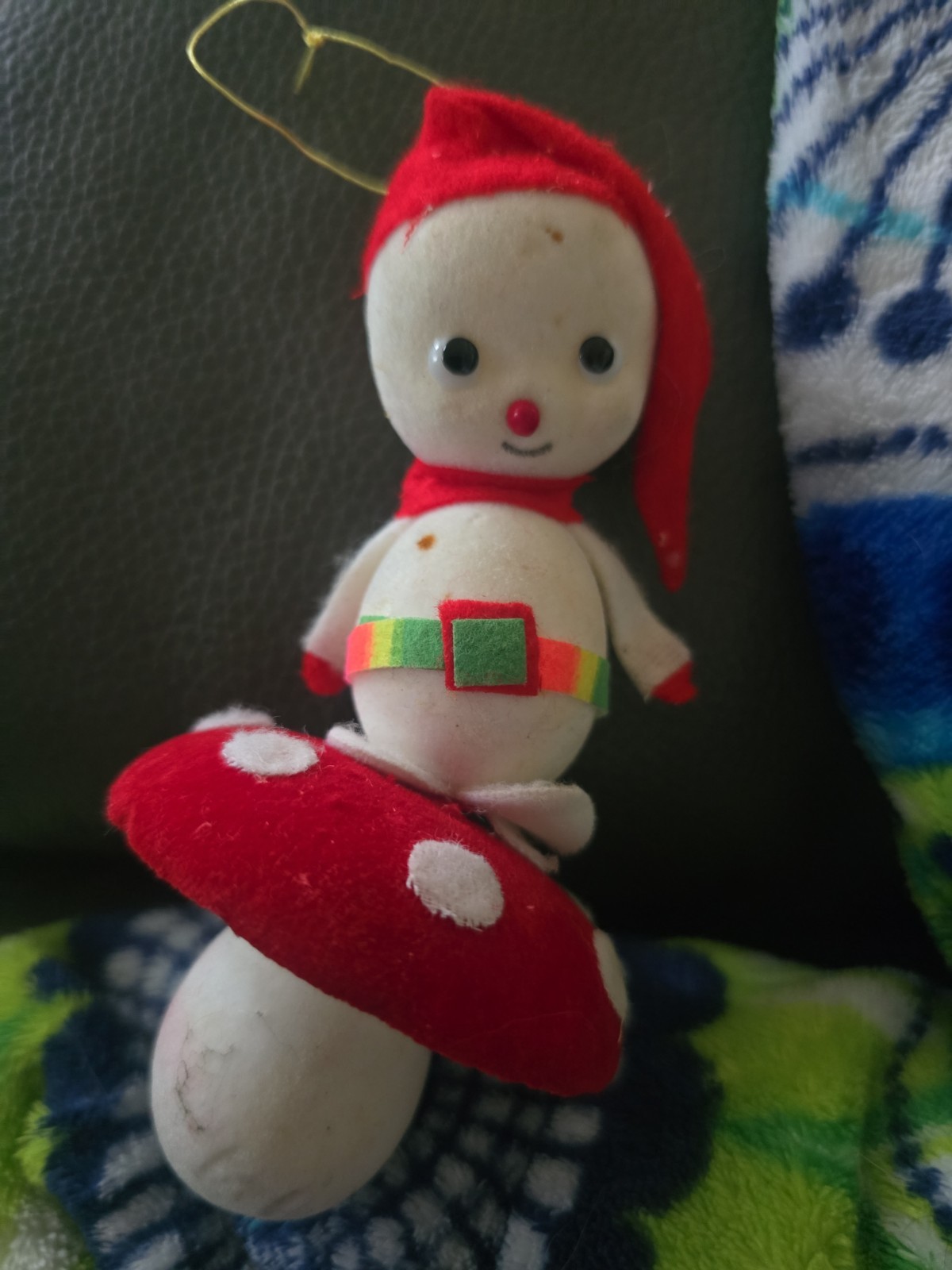 Vtg RARE Rainbow Belt Flocked Felt Snow Baby Mushroom Christmas Ornament Japan