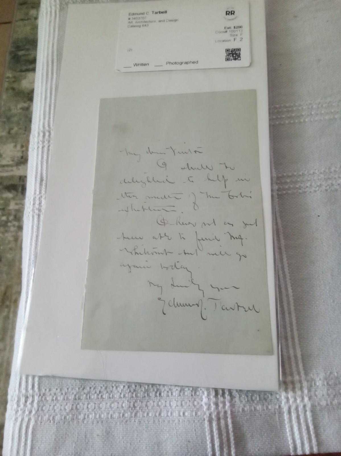 Edmund Tarbell Letter Signed Autograph Mint Condition Rare Original Signature