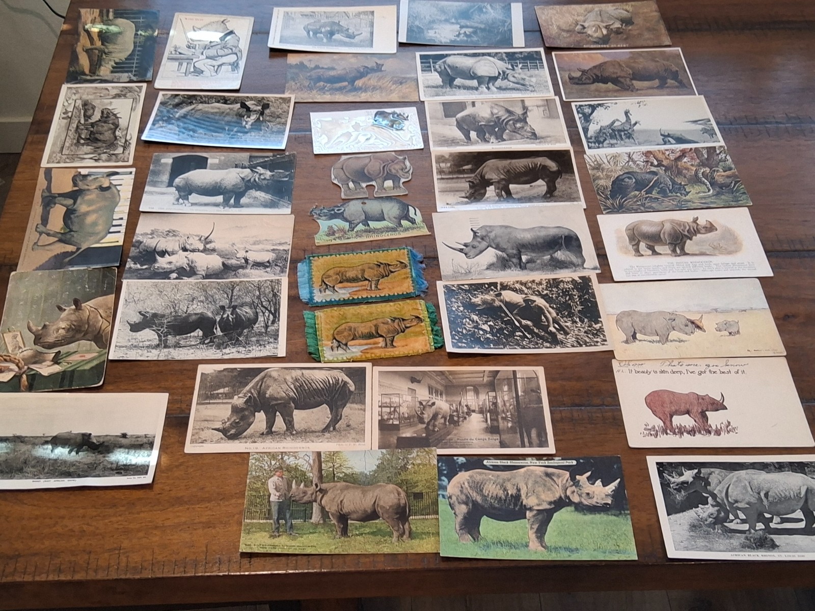 35 PC VTG ANTIQUE RHINOCEROS POST CARDS DIE CUT TAPESTRIES NEAT LOT