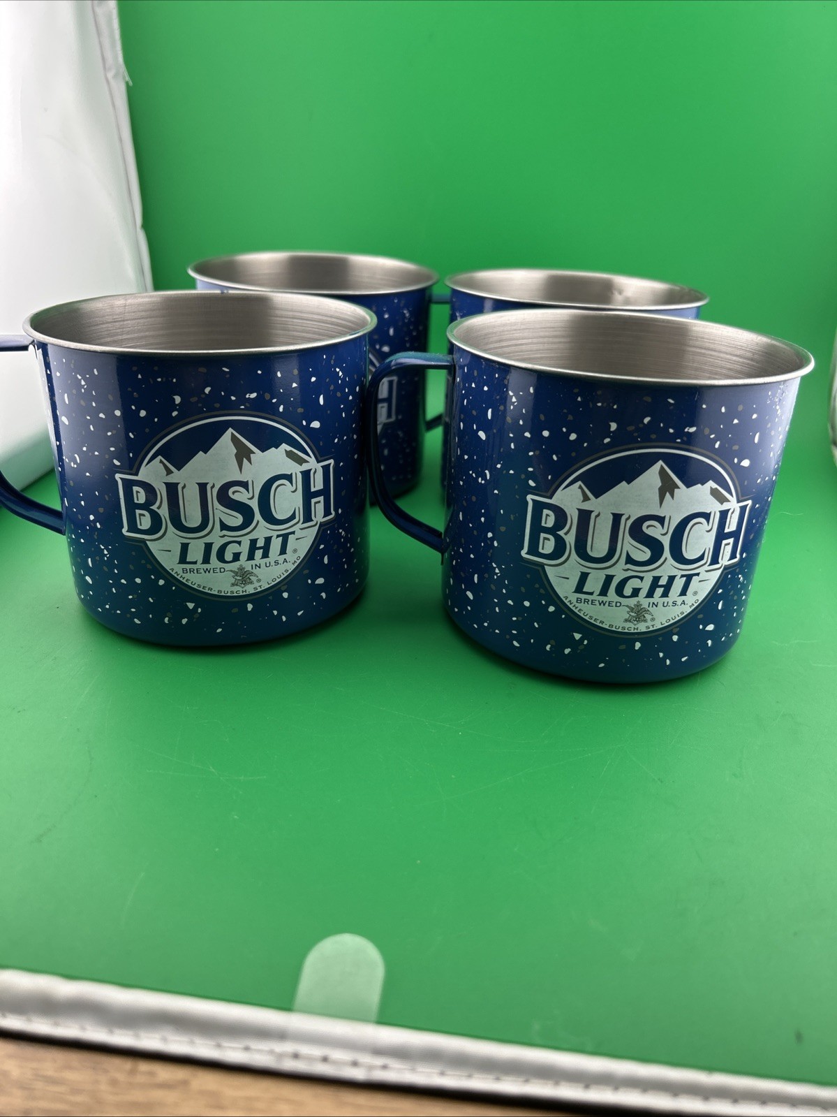 Busch Light Logo Blue Tin Camping Mug,  Set Of 4 Lot 1