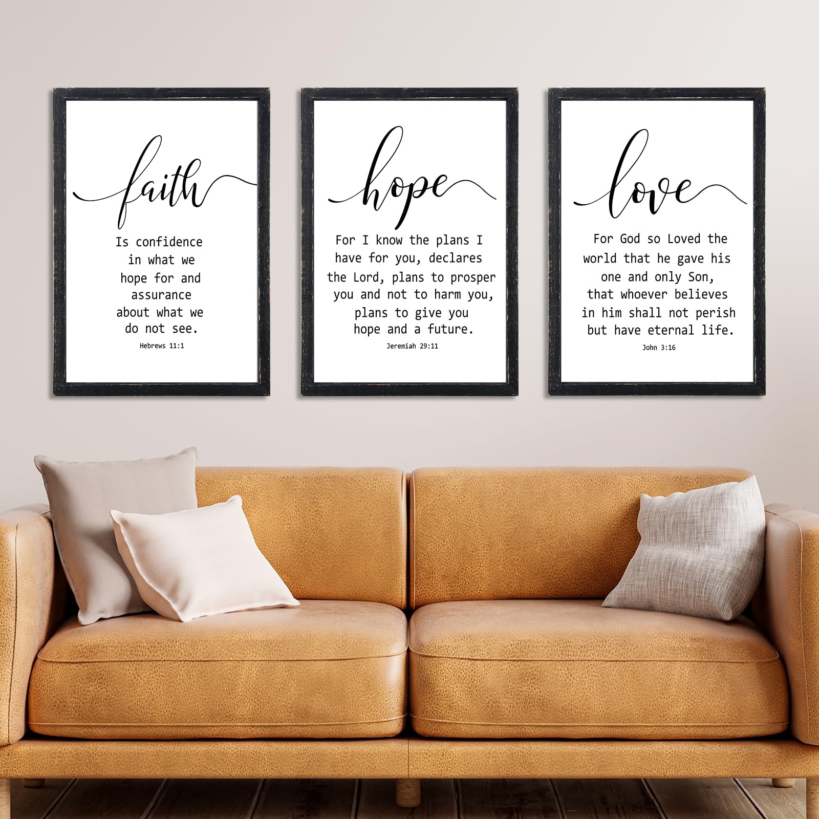 Faith Hope and Love Bible Verses Wall Decor 16x11 Inch Wood Framed Set of 3