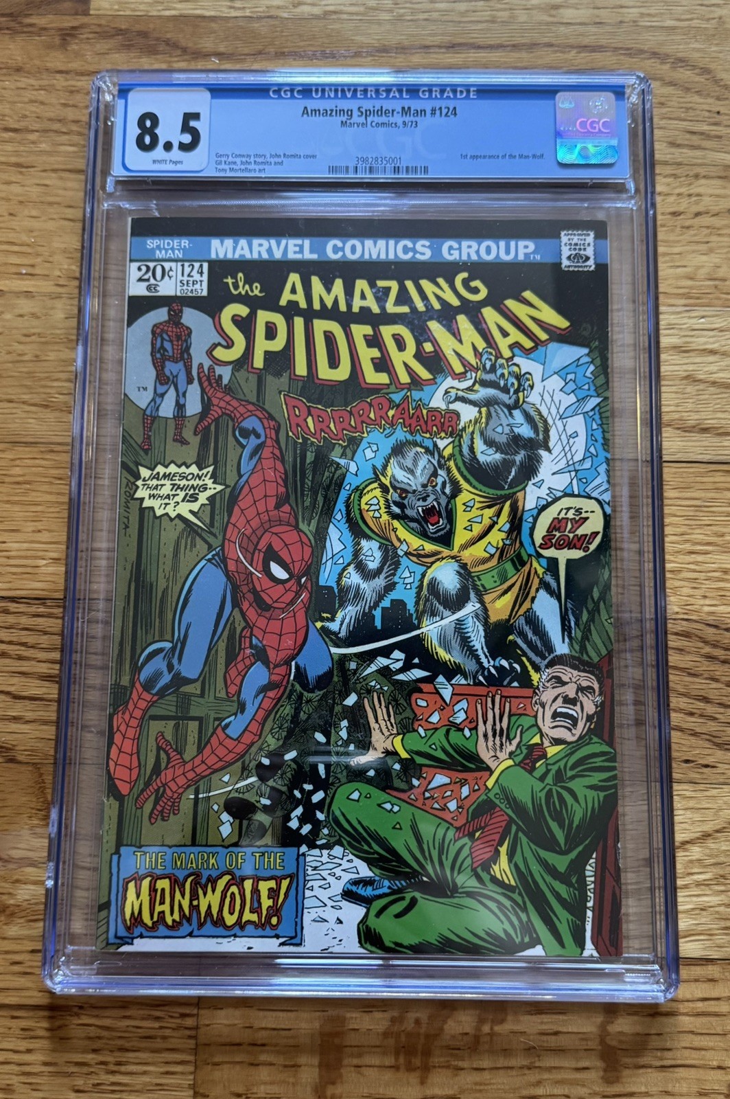 Amazing Spider-Man # 124 CGC 8.5 OWW (Marvel, 1973) 1st app Man-Wolf WHITE PAGES