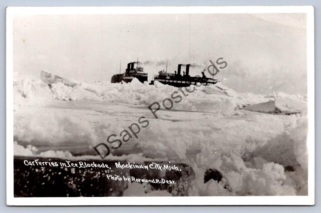 Michigan Rppc Postcard c1930-50s Car Ferries Ice Blockade Mackinaw City Rppc