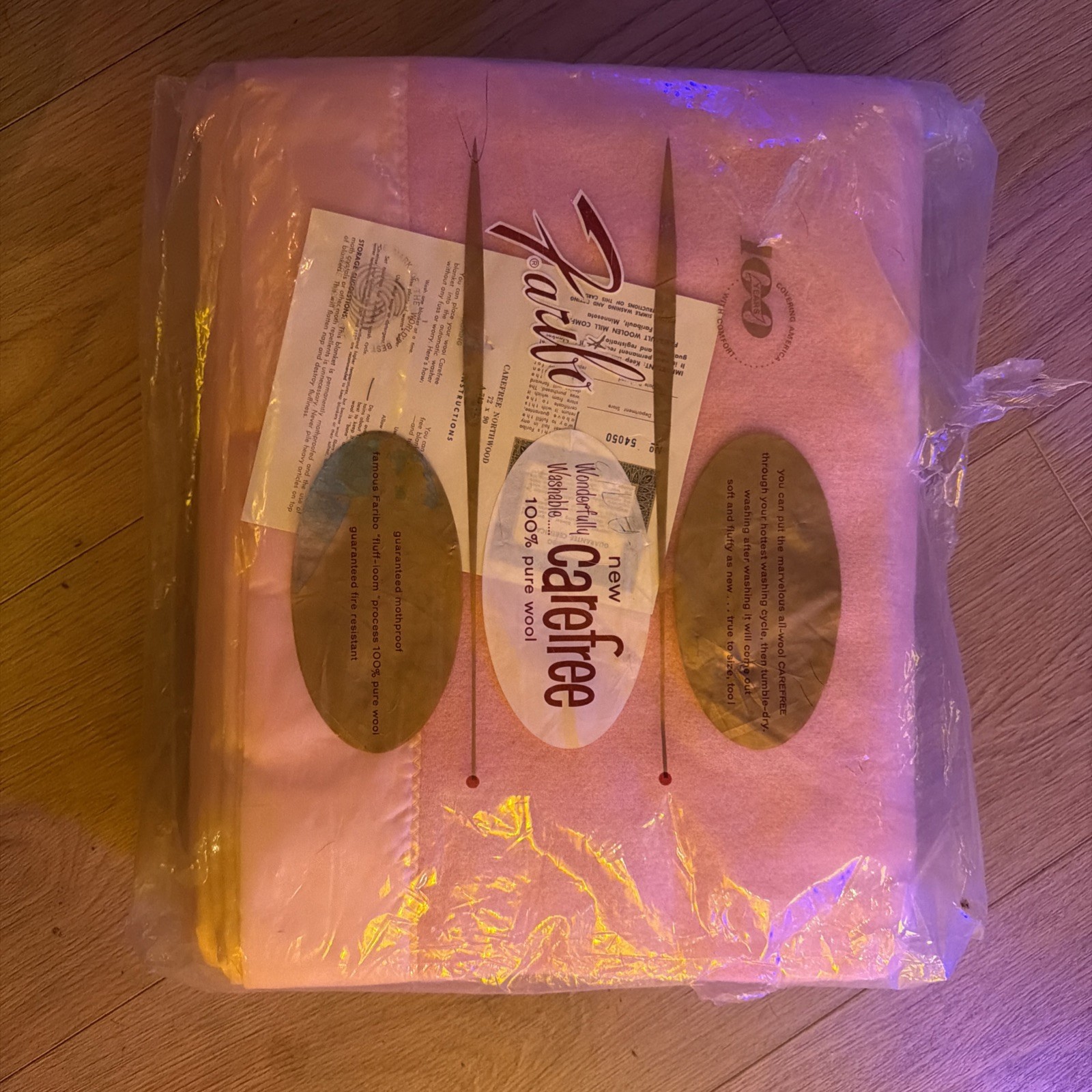 Vintage 1965 Faribo Wool Blanket 100 Year Anniversary Pink Satin Trim 75\
