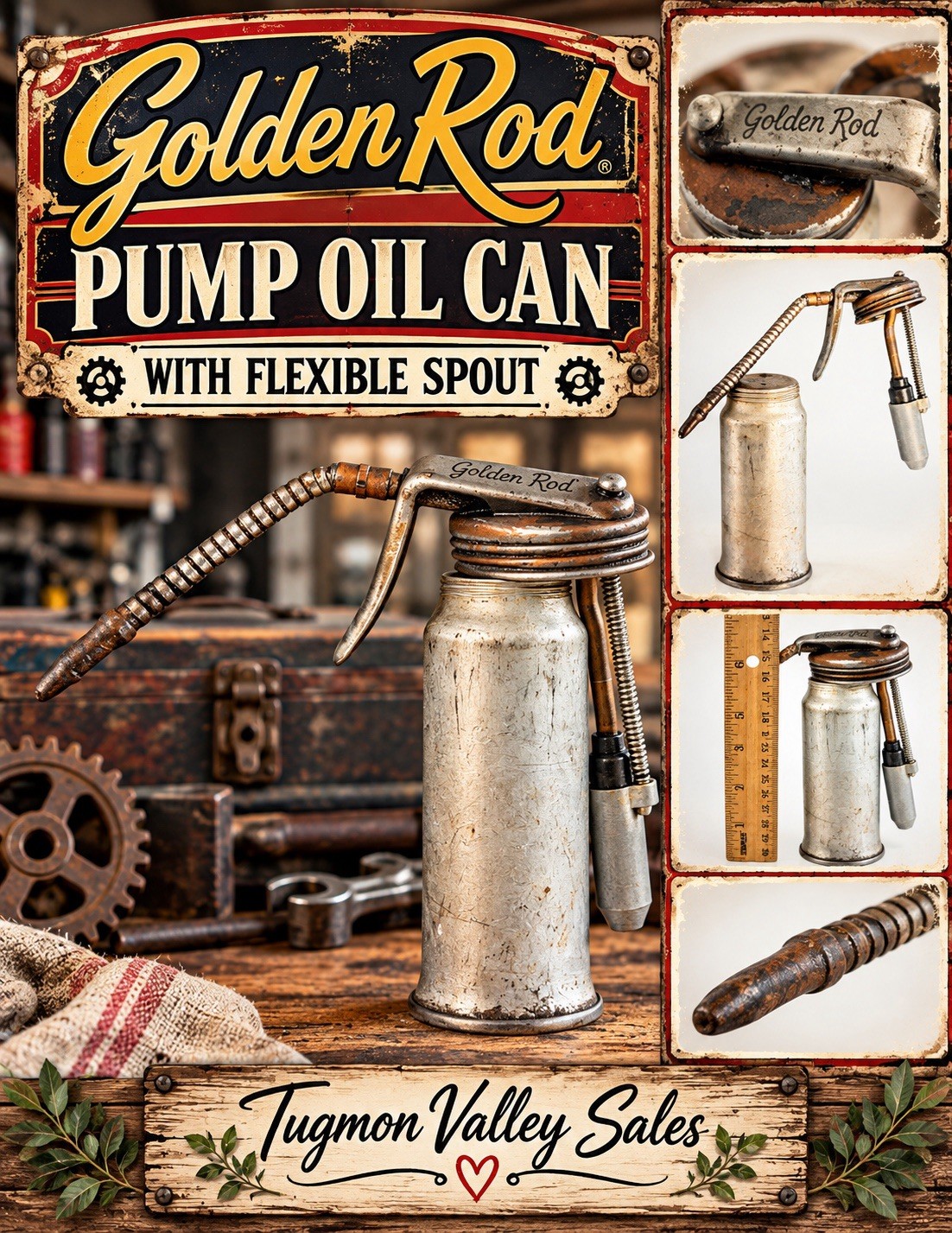 Vintage Golden Rod Pump Oil Can Flexible Spout Lever Oiler Garage Farm Tool