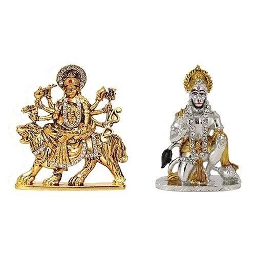 Metal Goddess Durga Devi & Lord Hanuman Statue Car Dashboard Pack Of 2 Pcs