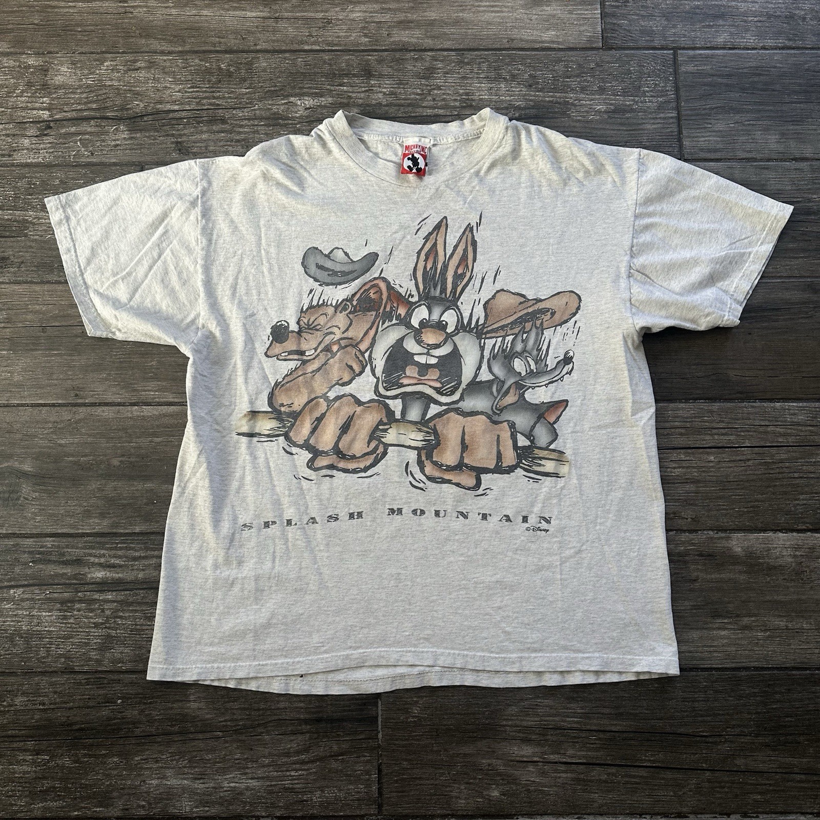VTG 90s DISNEY DISNEYLAND SPLASH MOUNTAIN RIDE PROMO GRAY T-SHIRT L/XL GRIP BAR