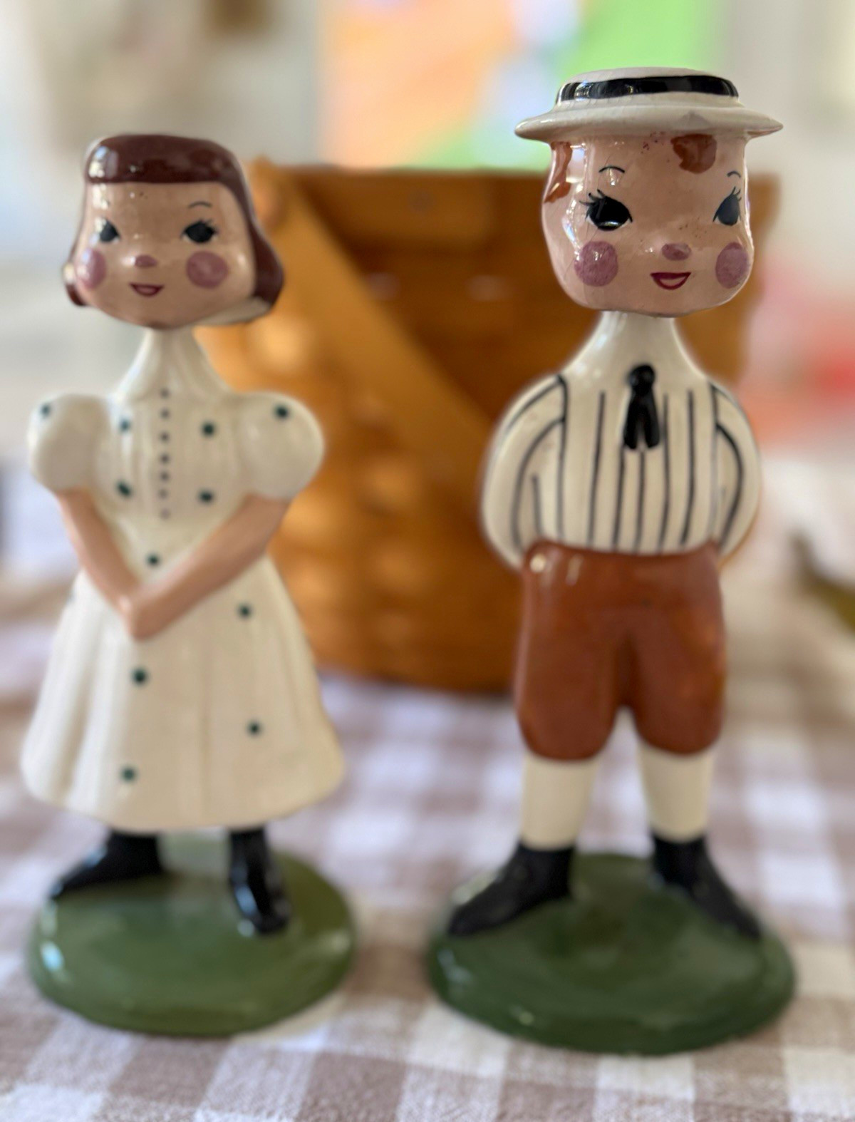 Vintage Hand-Painted Glazed Ceramic Boy & Girl Figurines Set of 2 bobbleheads