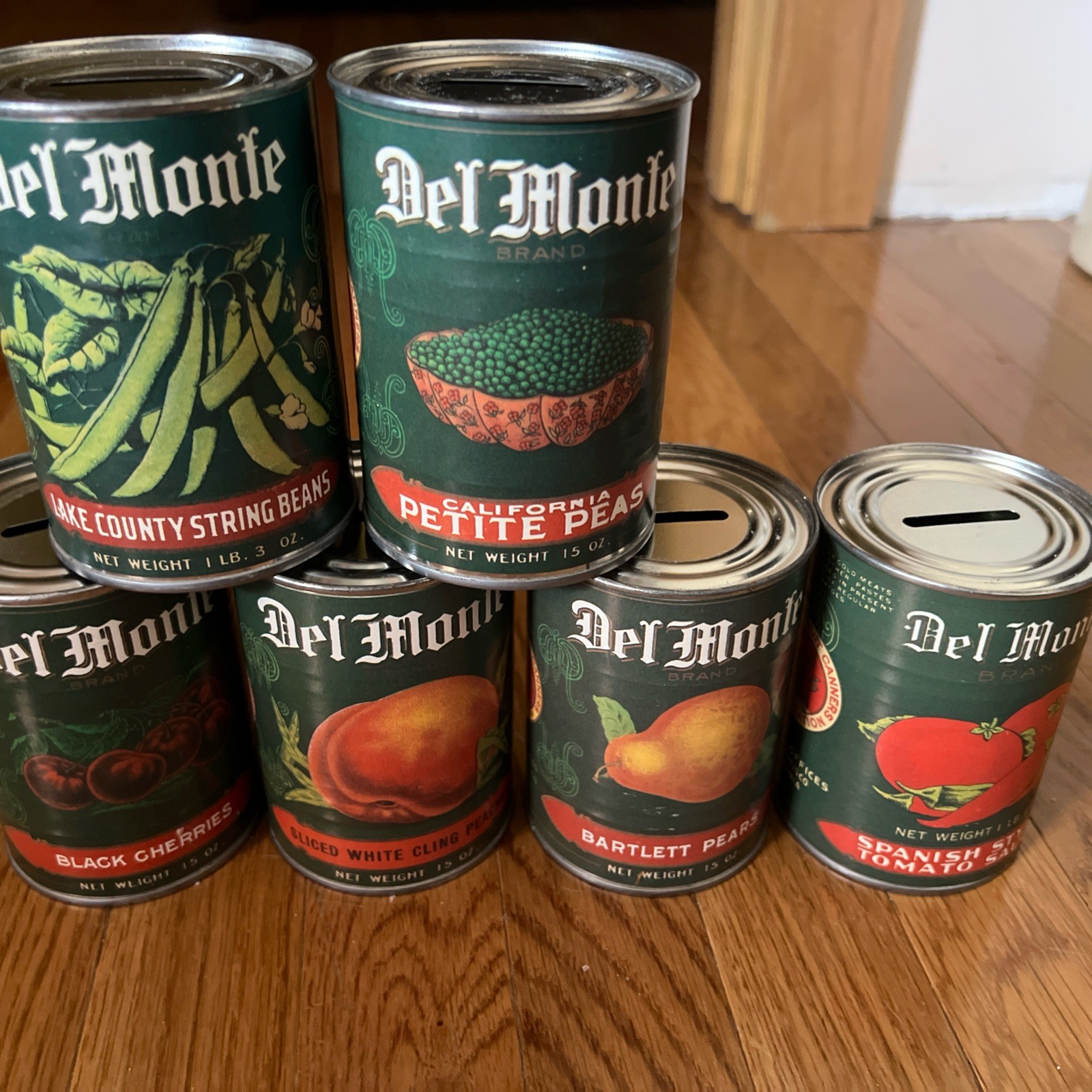 Vintage Del Monte 6 Metal Coin Bank Cans Paper Labels Grocery Advertising 80s