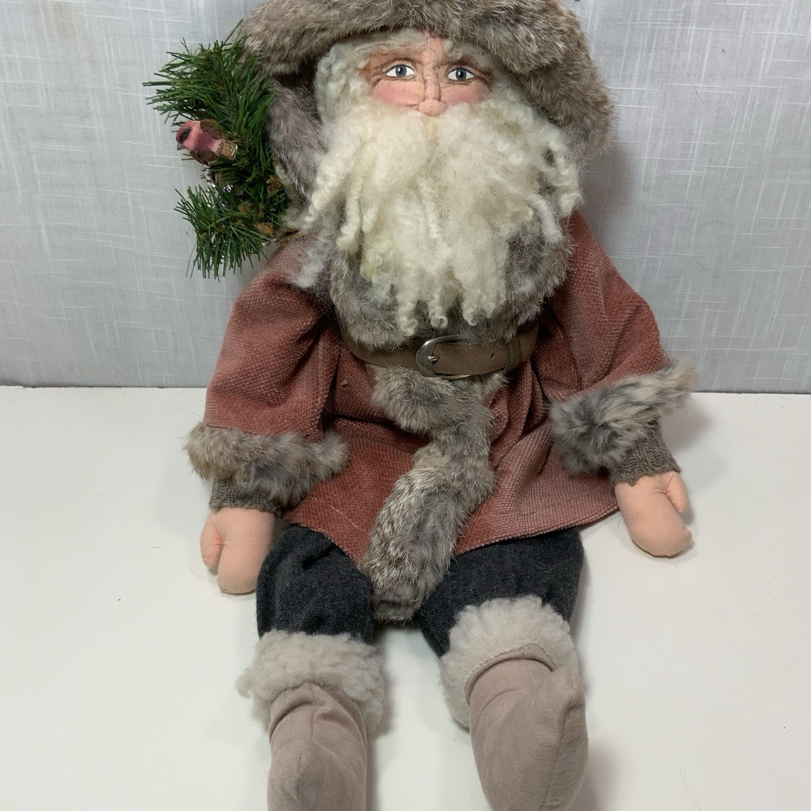 VTG Christmas Santa Old Man Primitive Folk Art Rustic 21 in Real Fur Handmade