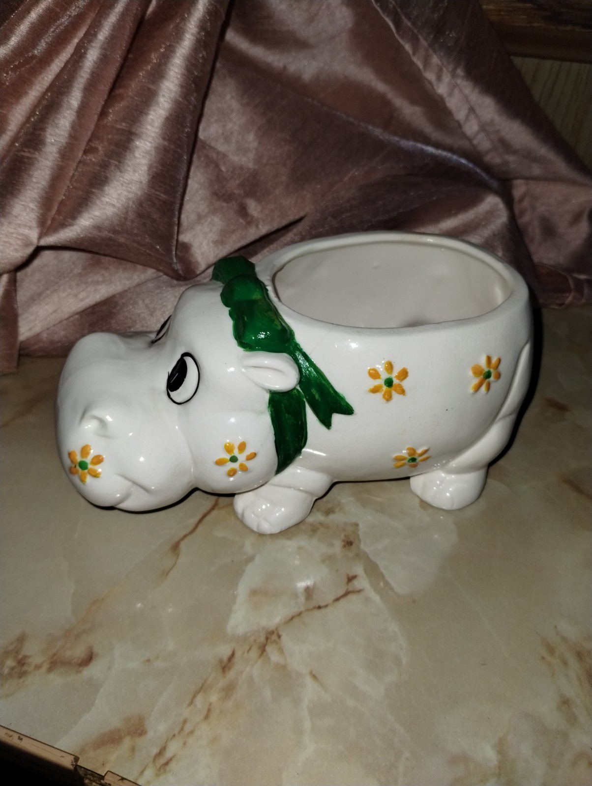 1960s Vintage White Ceramic Hippo Planter Japan