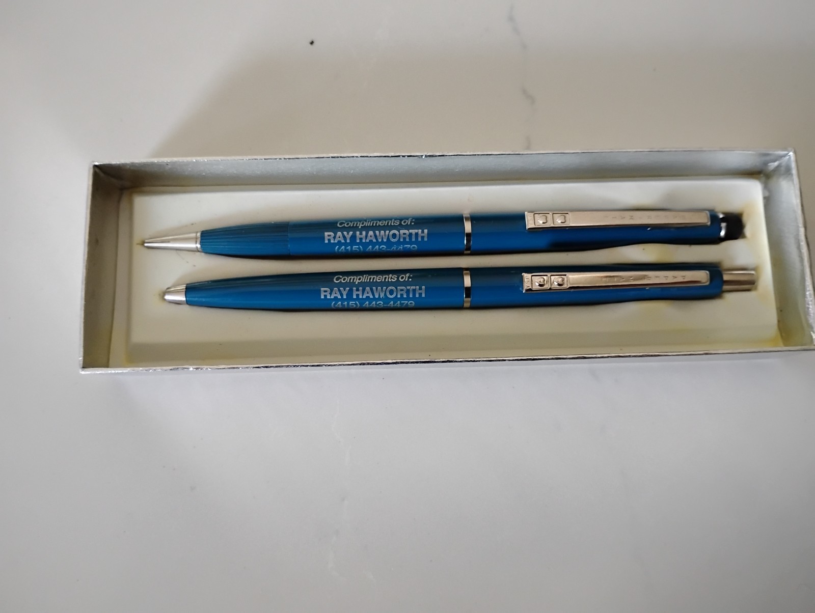 Vintage Double Heart Paper Mate Blue Chrome Ballpoint Pen Mechanical Pencil Box