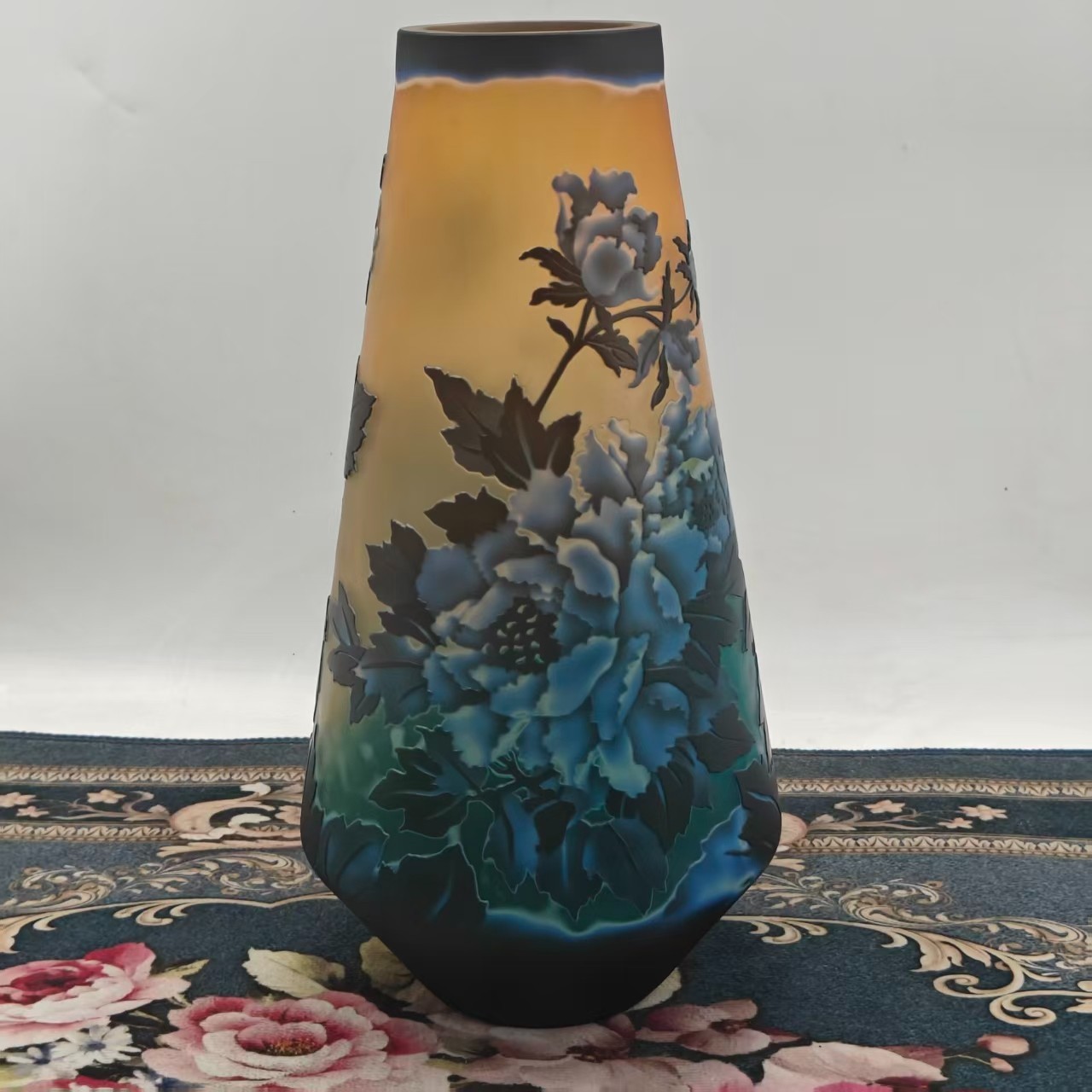 Emile Galle style, hand-carved colored glass vase.Duty-free