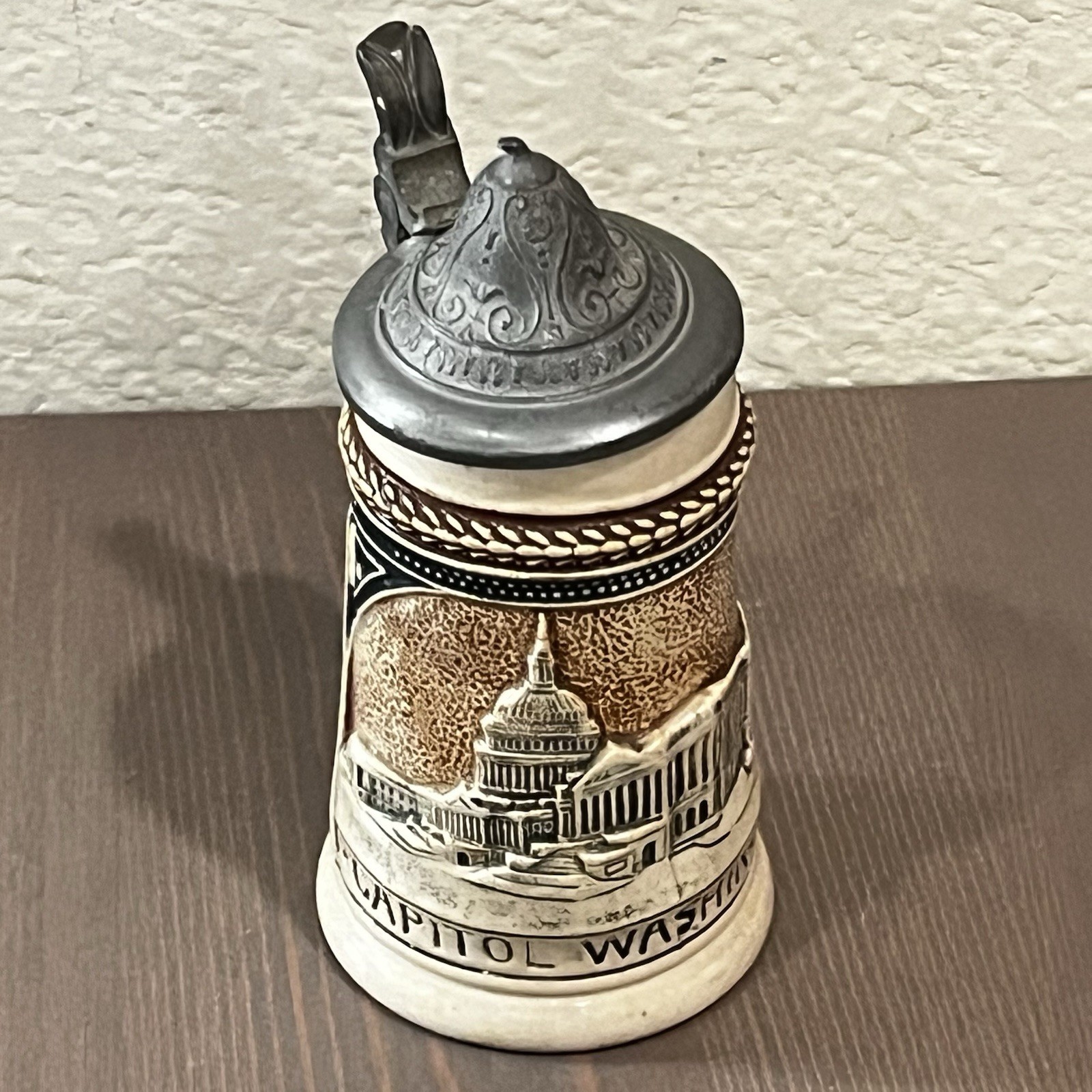 Vintage Mini Beer Stein Pewter Lid Washington DC Relief Scene Souvenir 30s/40s